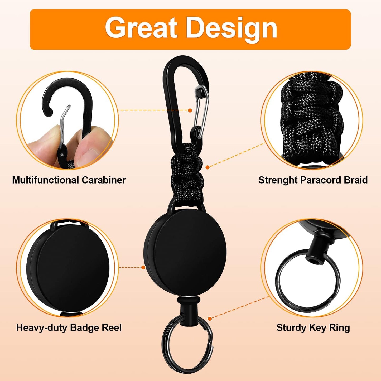 Retractable Keychain 3-Pack - Heavy Duty Carabiner Badge Holder 60cm Steel Cord