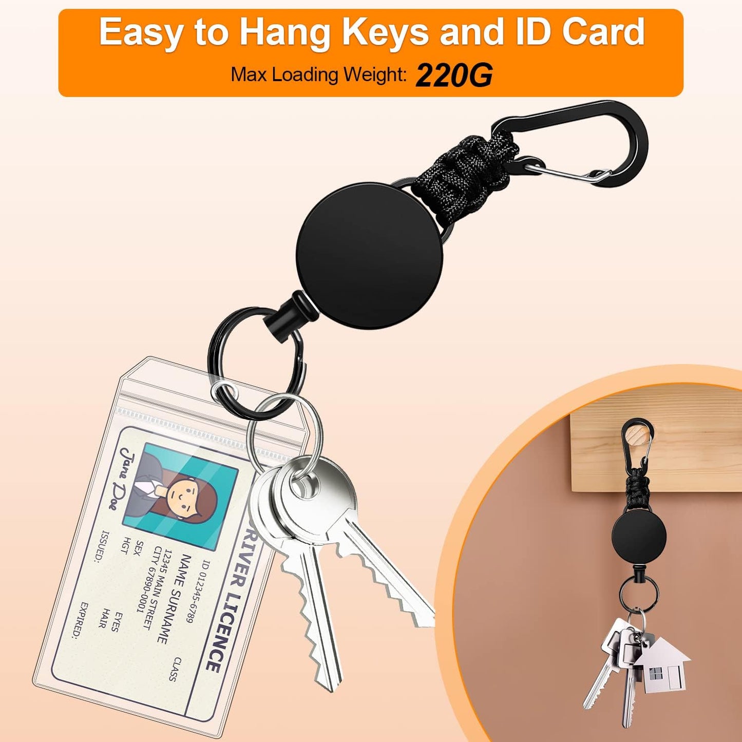 Retractable Keychain 3-Pack - Heavy Duty Carabiner Badge Holder 60cm Steel Cord