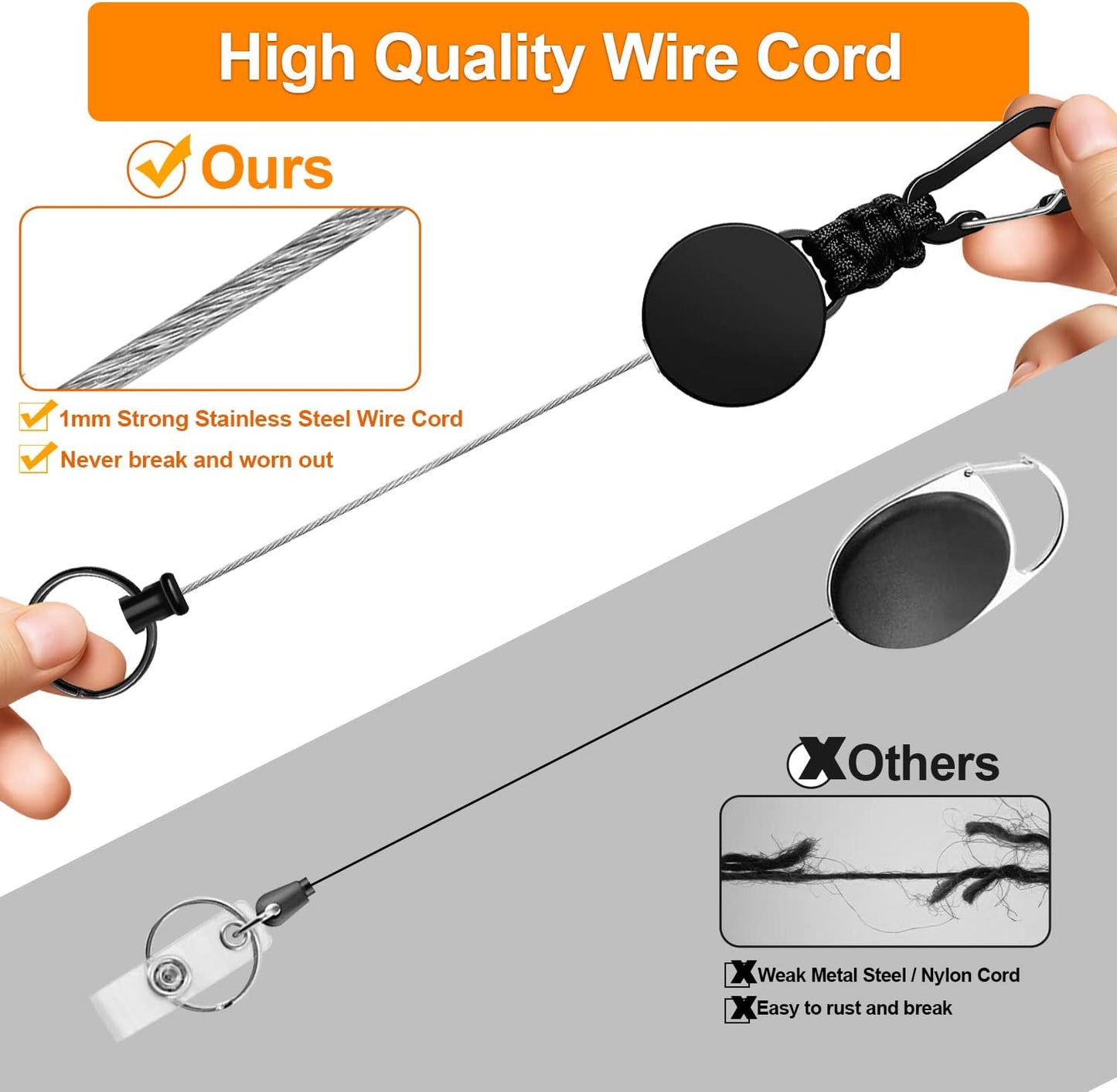 Retractable Keychain 3-Pack - Heavy Duty Carabiner Badge Holder 60cm Steel Cord