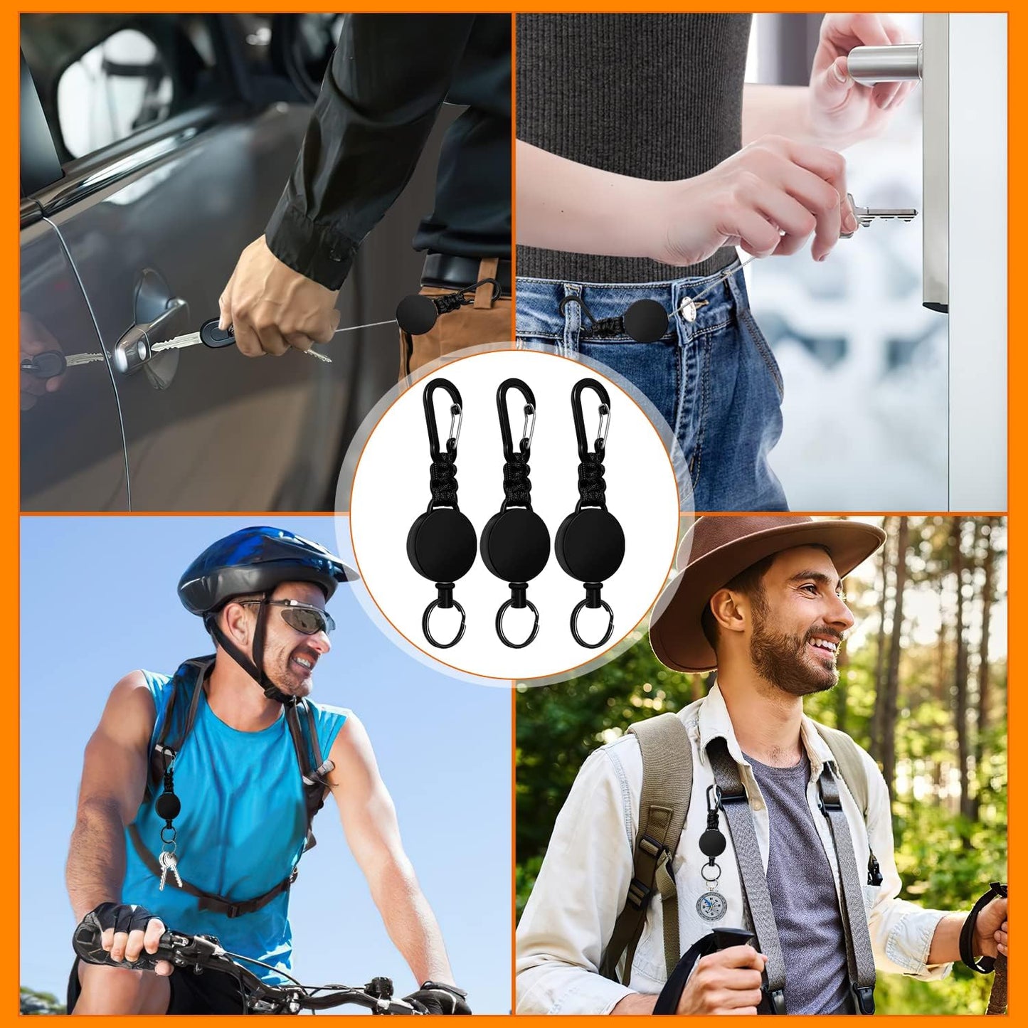 Retractable Keychain 3-Pack - Heavy Duty Carabiner Badge Holder 60cm Steel Cord