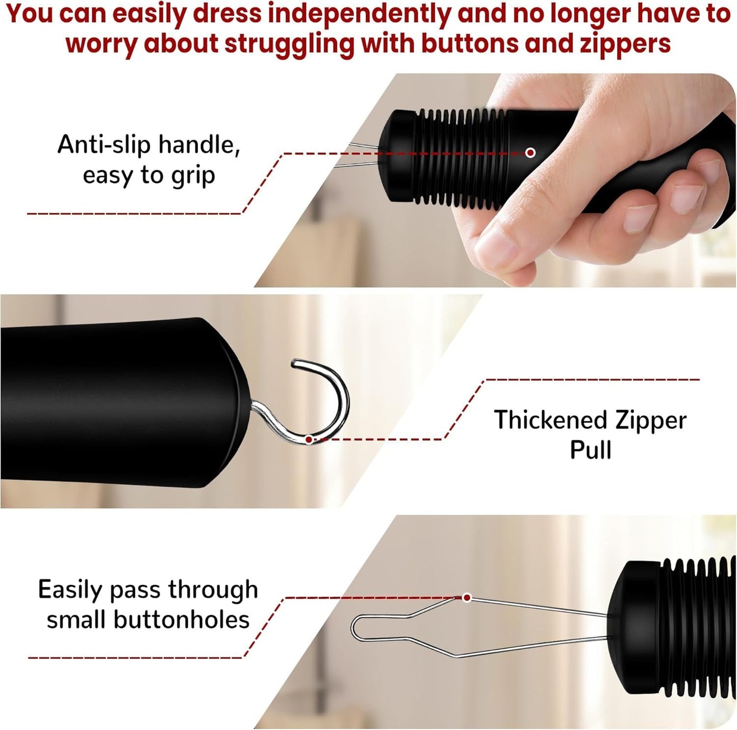 Button Hook & Zipper Pull Aid - Dressing Tool for Seniors & Limited Mobility