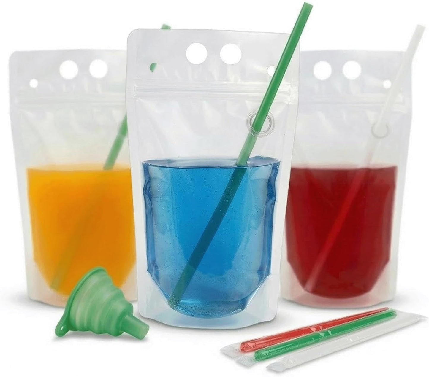 Resealable Drink Pouches 100-Pack 17oz - Party Beverage Bags with Straws & Funnel