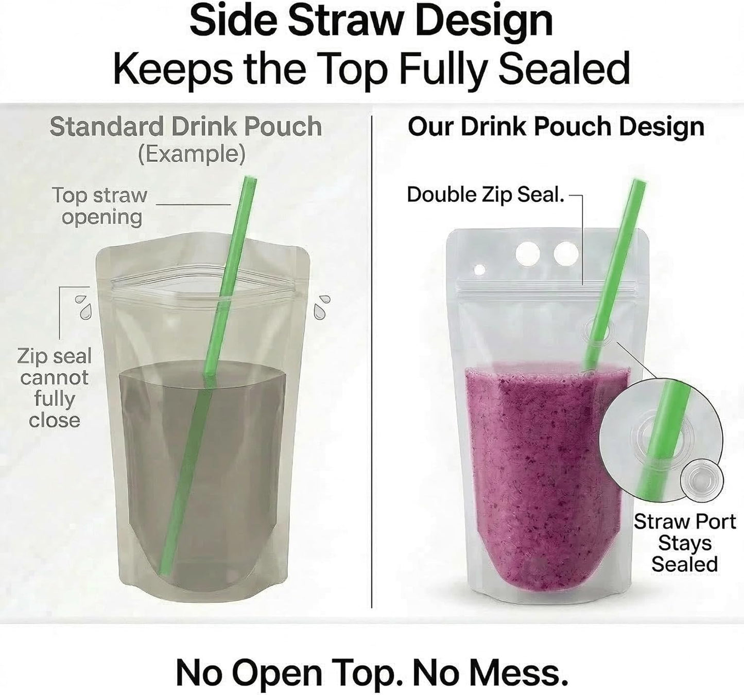 Resealable Drink Pouches 100-Pack 17oz - Party Beverage Bags with Straws & Funnel