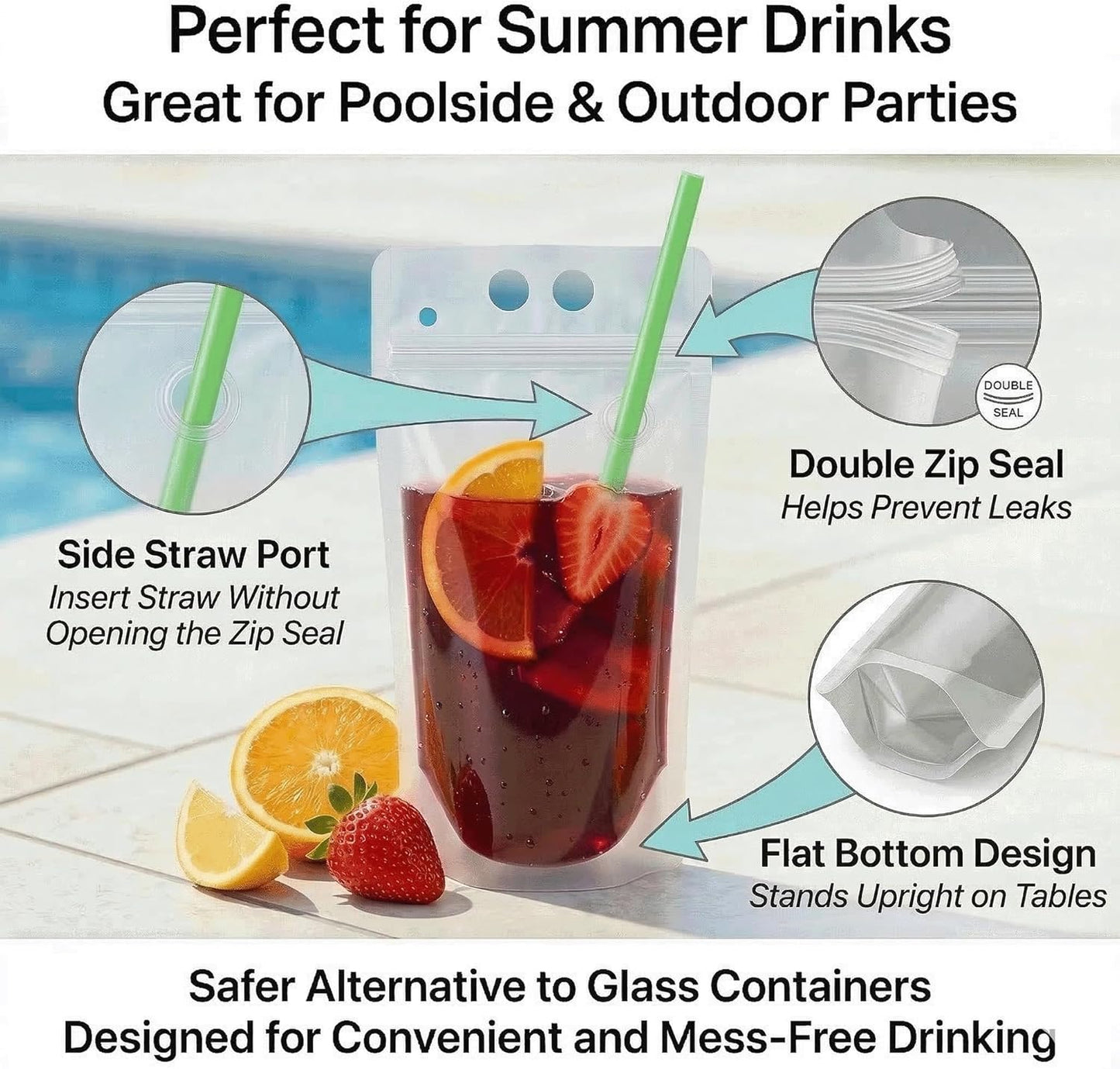 Resealable Drink Pouches 100-Pack 17oz - Party Beverage Bags with Straws & Funnel