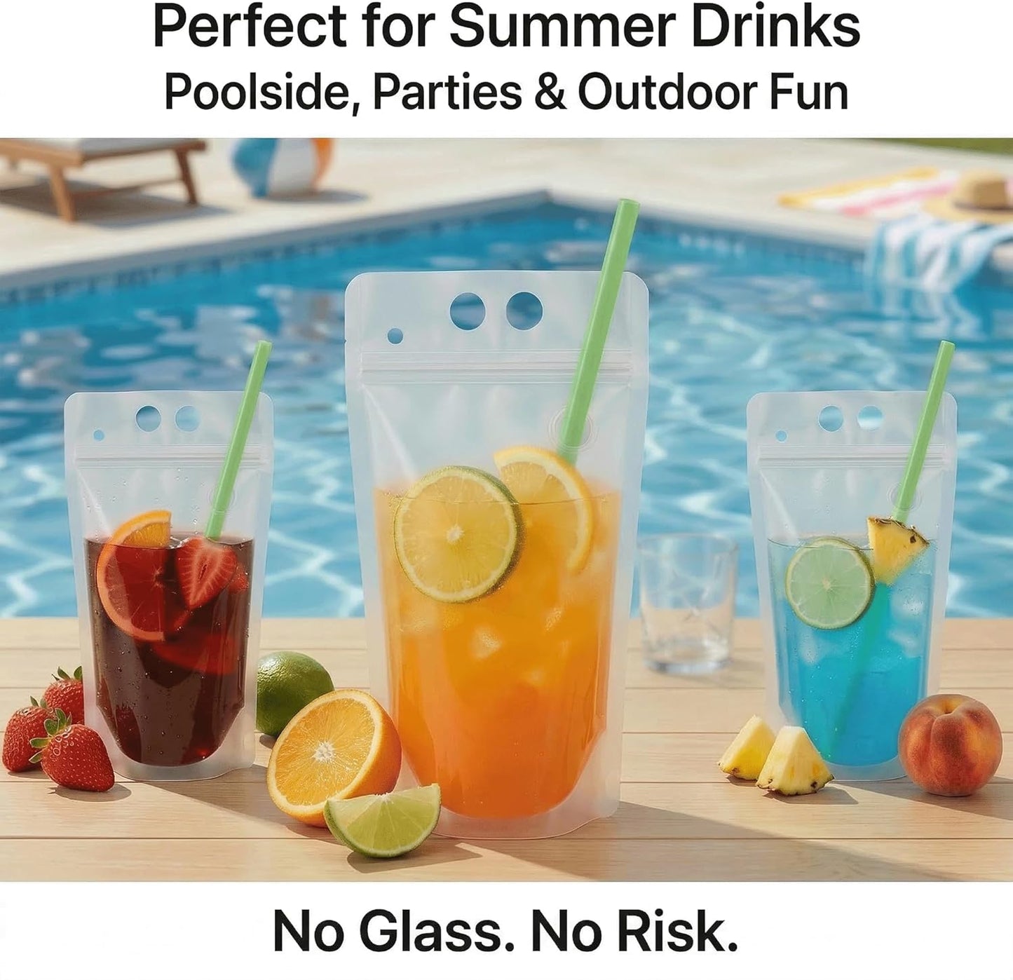 Resealable Drink Pouches 100-Pack 17oz - Party Beverage Bags with Straws & Funnel