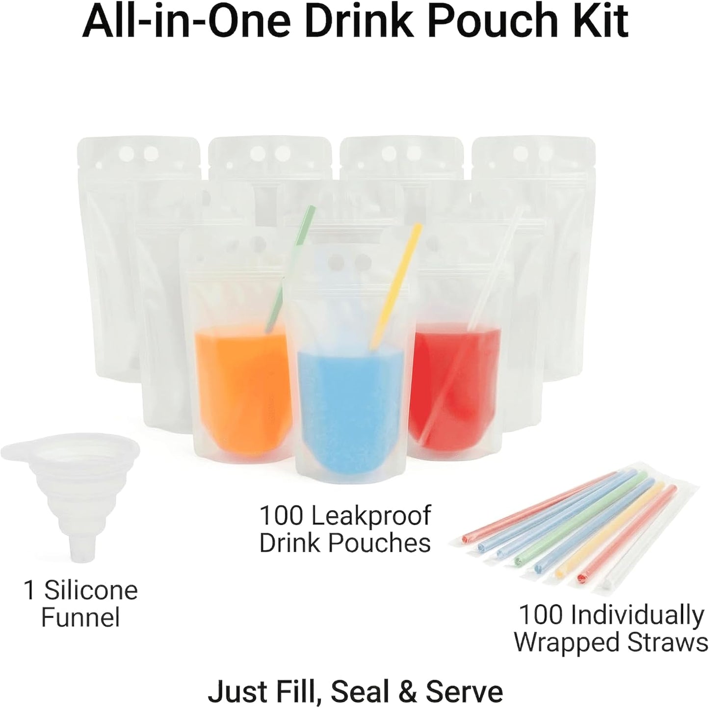 Resealable Drink Pouches 100-Pack 17oz - Party Beverage Bags with Straws & Funnel