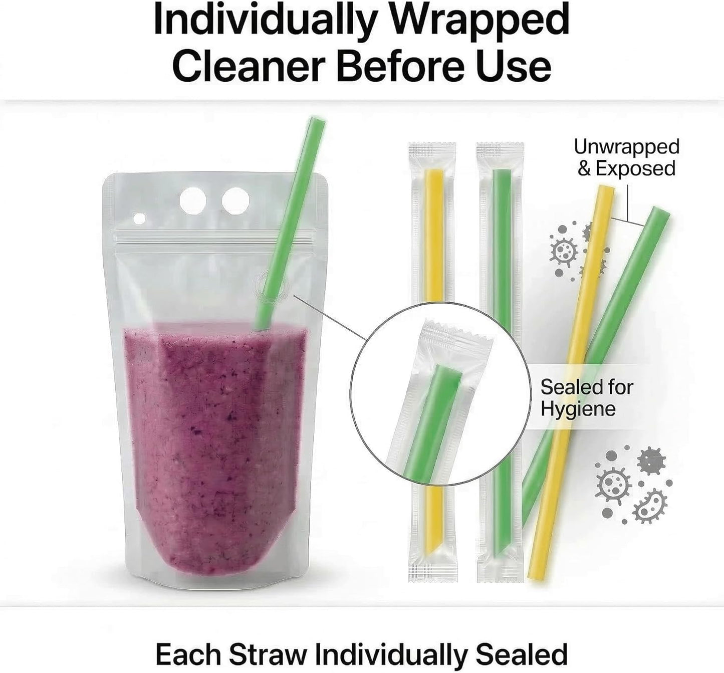 Resealable Drink Pouches 100-Pack 17oz - Party Beverage Bags with Straws & Funnel