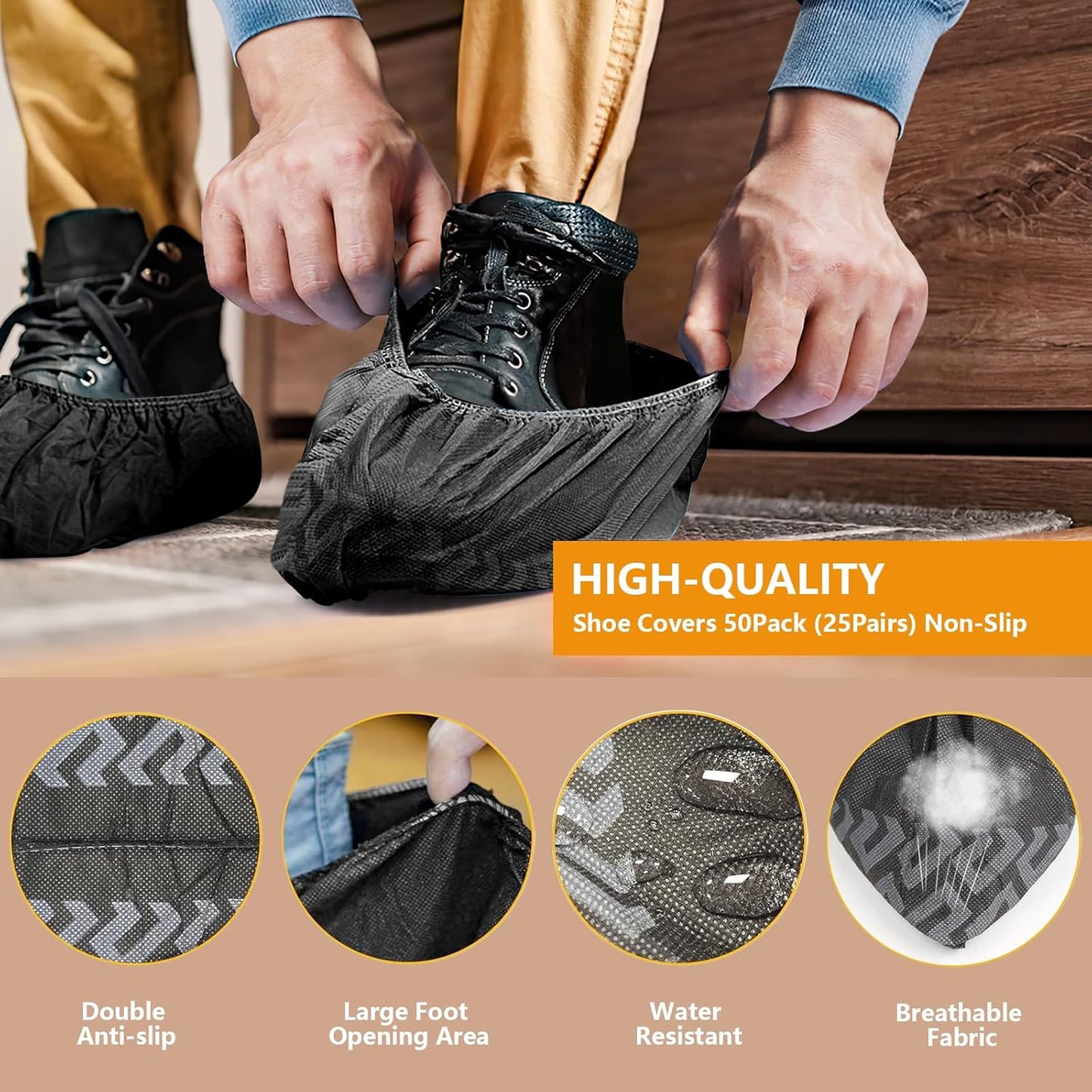 Disposable Shoe Covers 50-Pack - Non-Slip Water Resistant Boot Covers Black