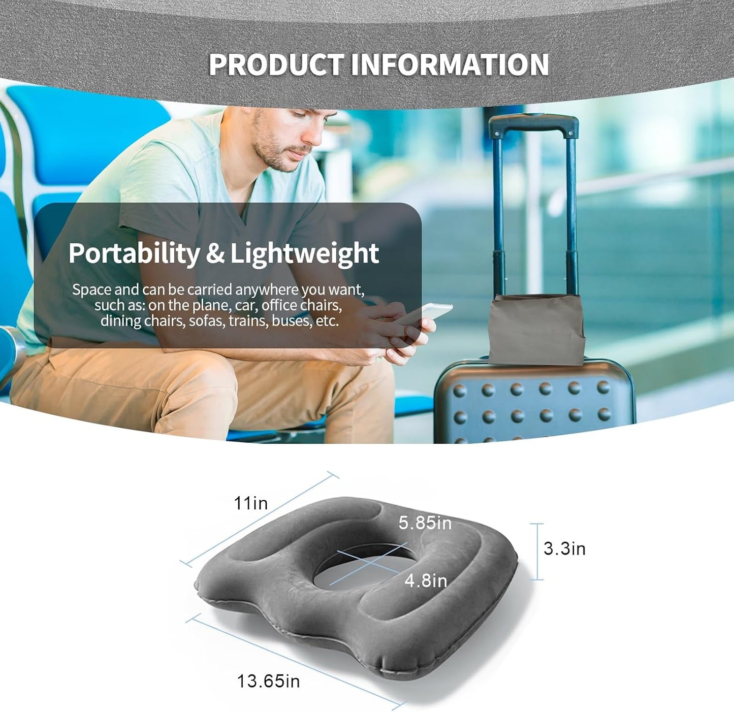 Inflatable Donut Seat Cushion - Tailbone Haemorrhoid & Sciatica Relief Grey