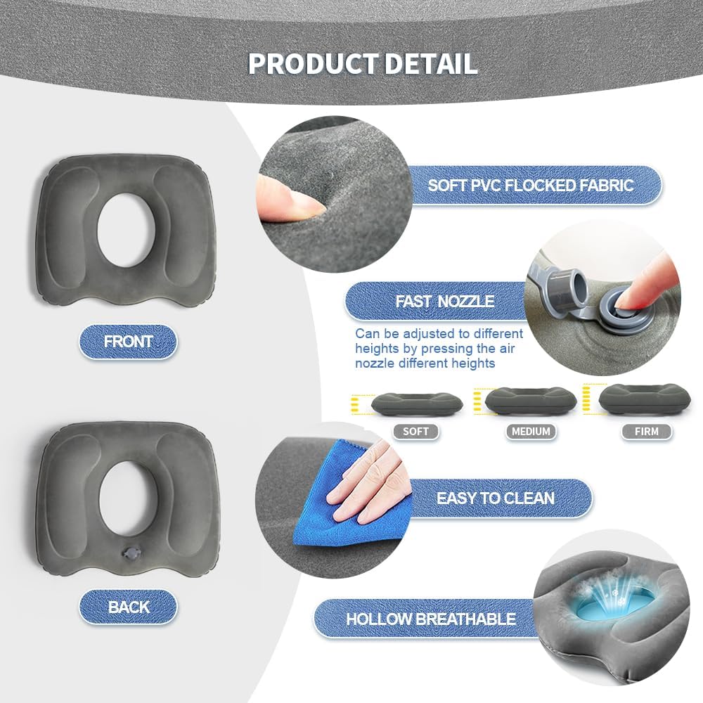 Inflatable Donut Seat Cushion - Tailbone Haemorrhoid & Sciatica Relief Grey
