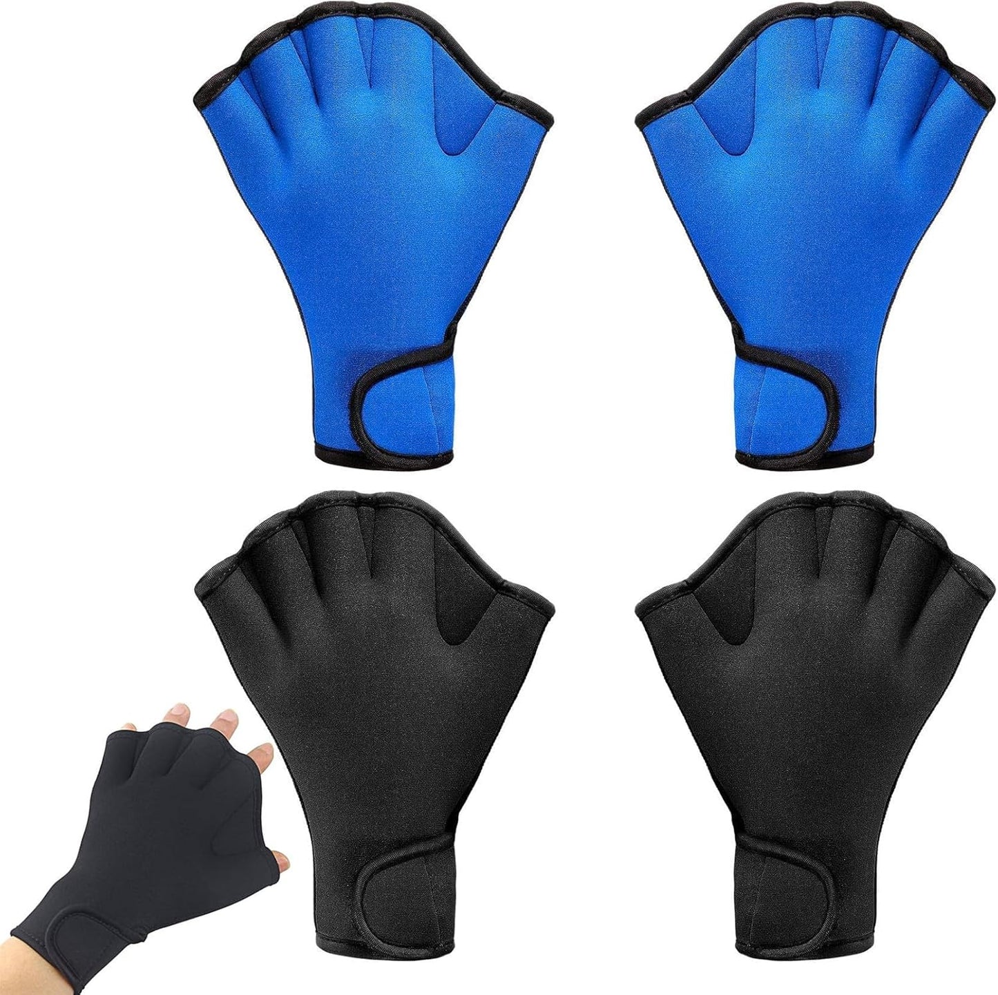 Neoprene Swimming Gloves 2-Pair - Webbed Water Resistance Training with Wrist Strap