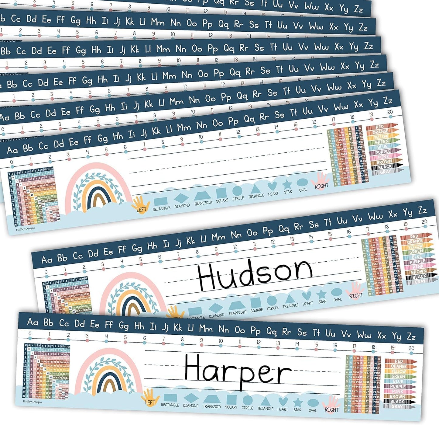 Student Desk Name Tags - Waterproof Boho Nameplates with Math Reference 30-Pack