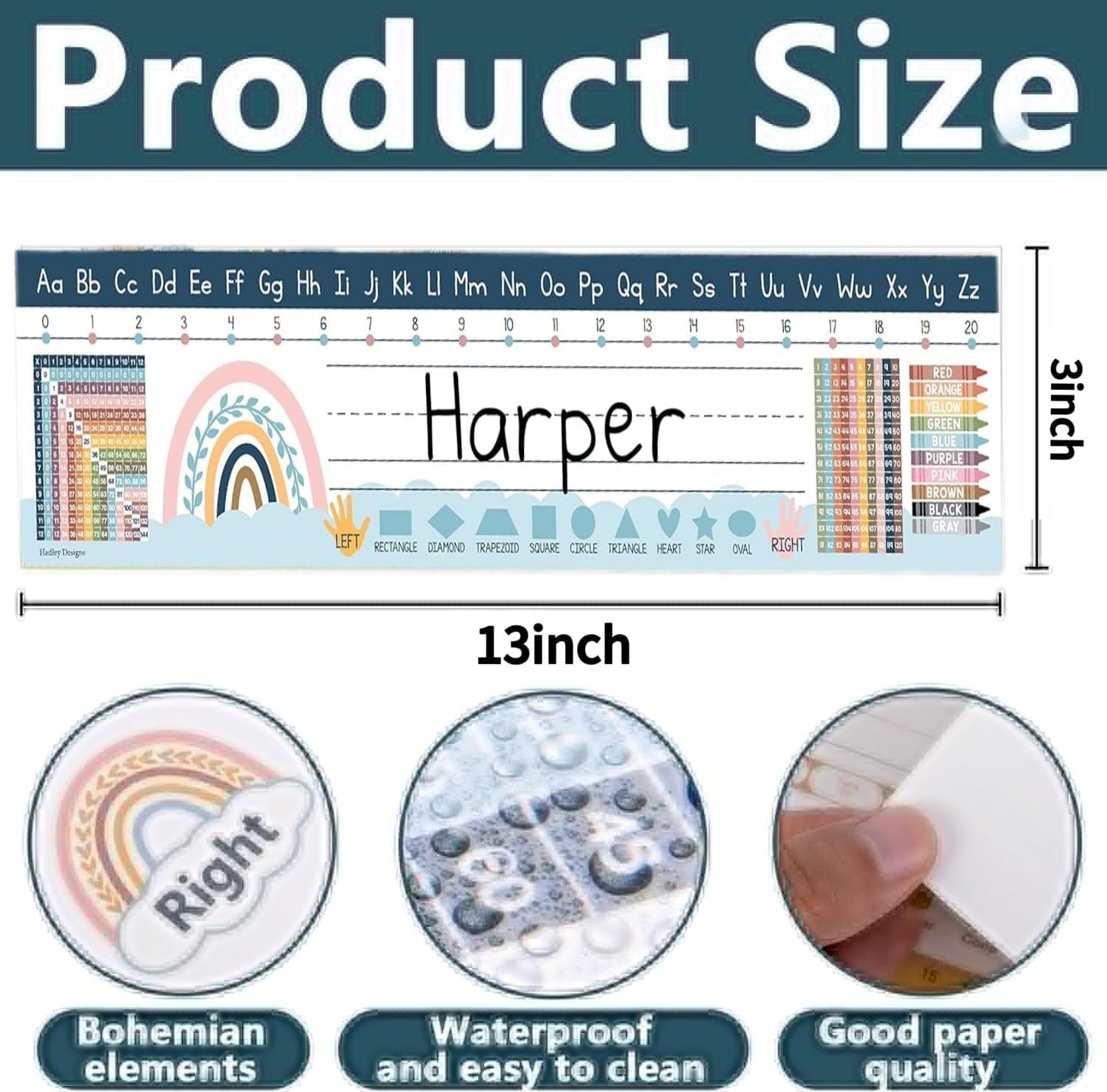 Student Desk Name Tags - Waterproof Boho Nameplates with Math Reference 30-Pack