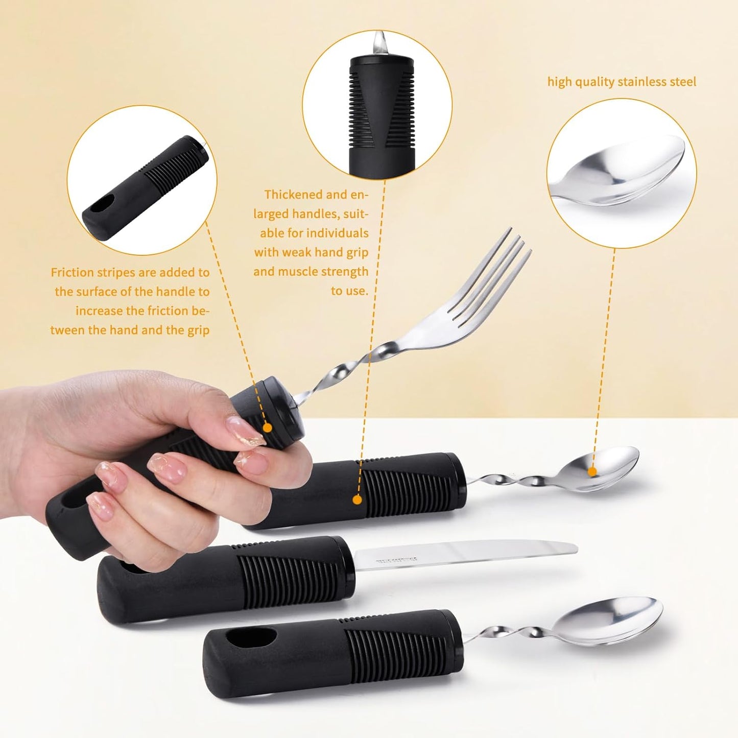 Foldable 4-Piece Weighted Cutlery Set for Parkinson's & Tremors - Adjustable Black