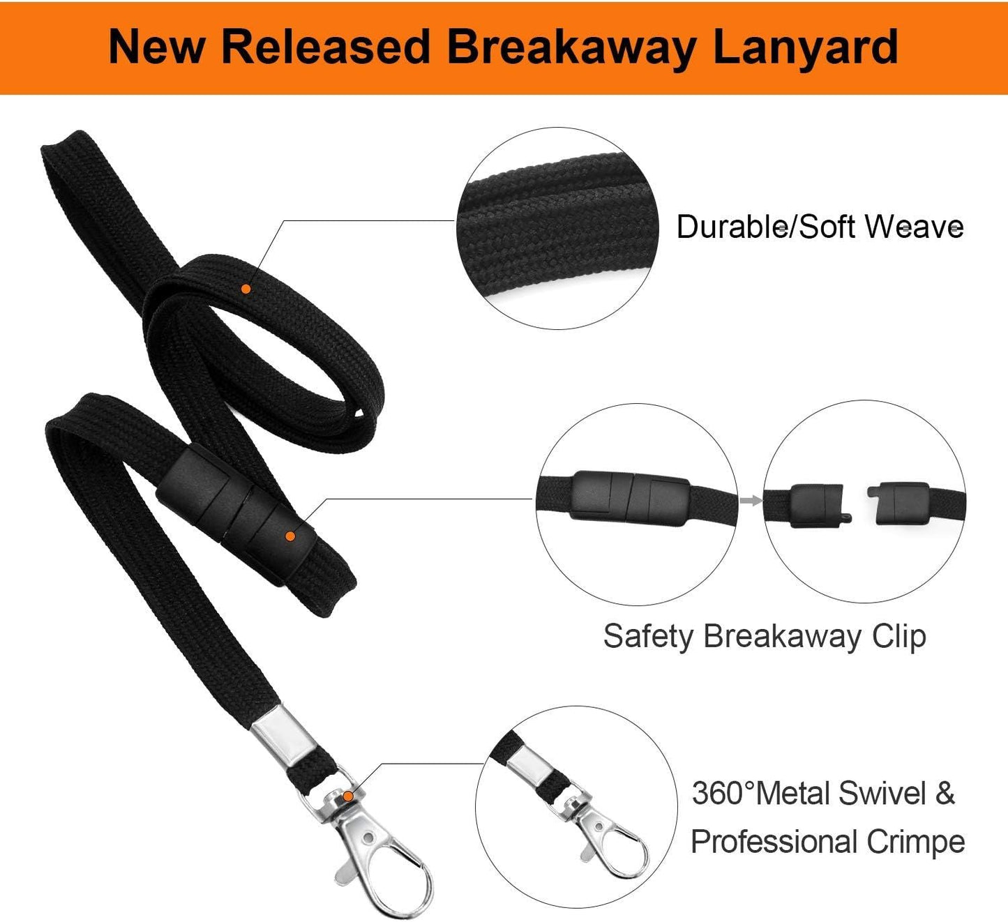 Breakaway Neck Lanyards Key Chain - Black Badge Lanyards or ID Badge Holders, Comortable Neck Straps