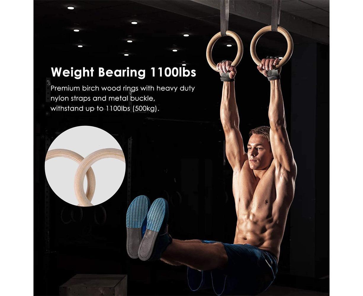 Wood Gymnastic Rings 2-Pack - Olympic Gym Rings with Adjustable Straps 28mm
