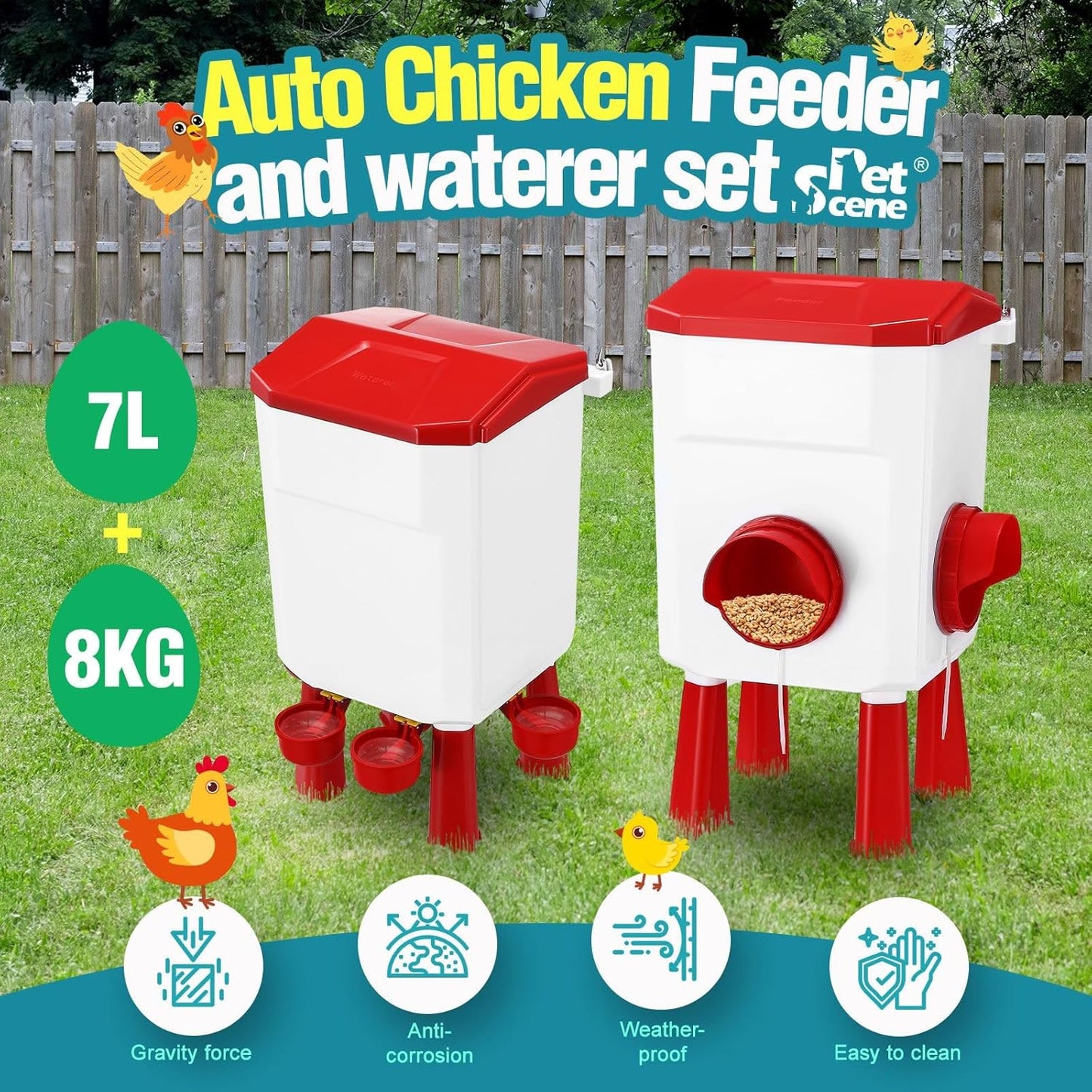 Automatic Chicken Feeder & Waterer Set - 8KG Food & 7L Water Red
