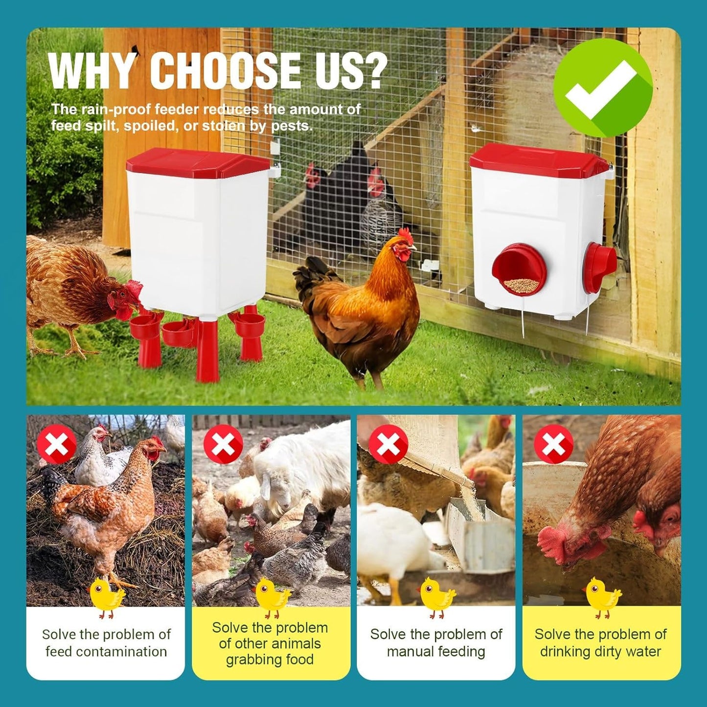 Automatic Chicken Feeder & Waterer Set - 8KG Food & 7L Water Red