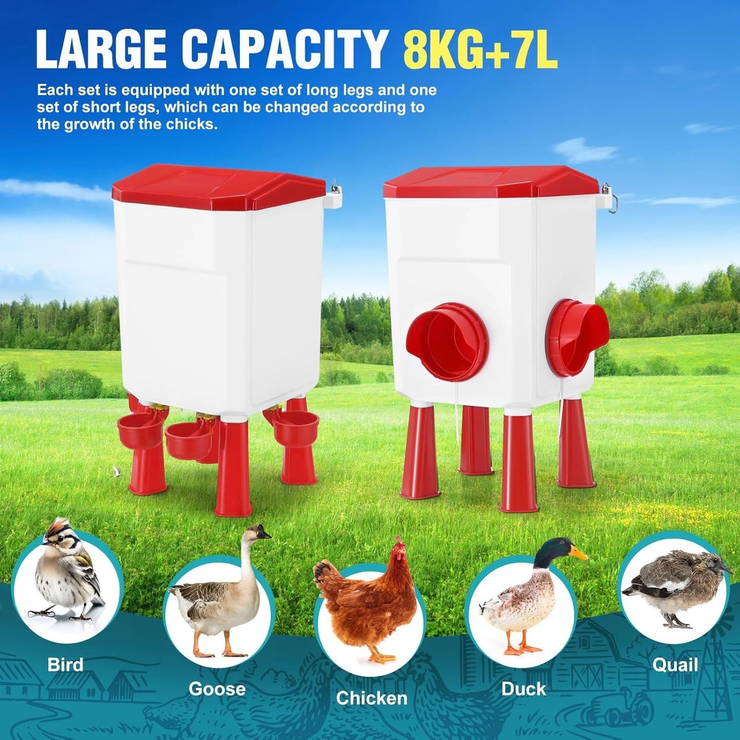 Automatic Chicken Feeder & Waterer Set - 8KG Food & 7L Water Red