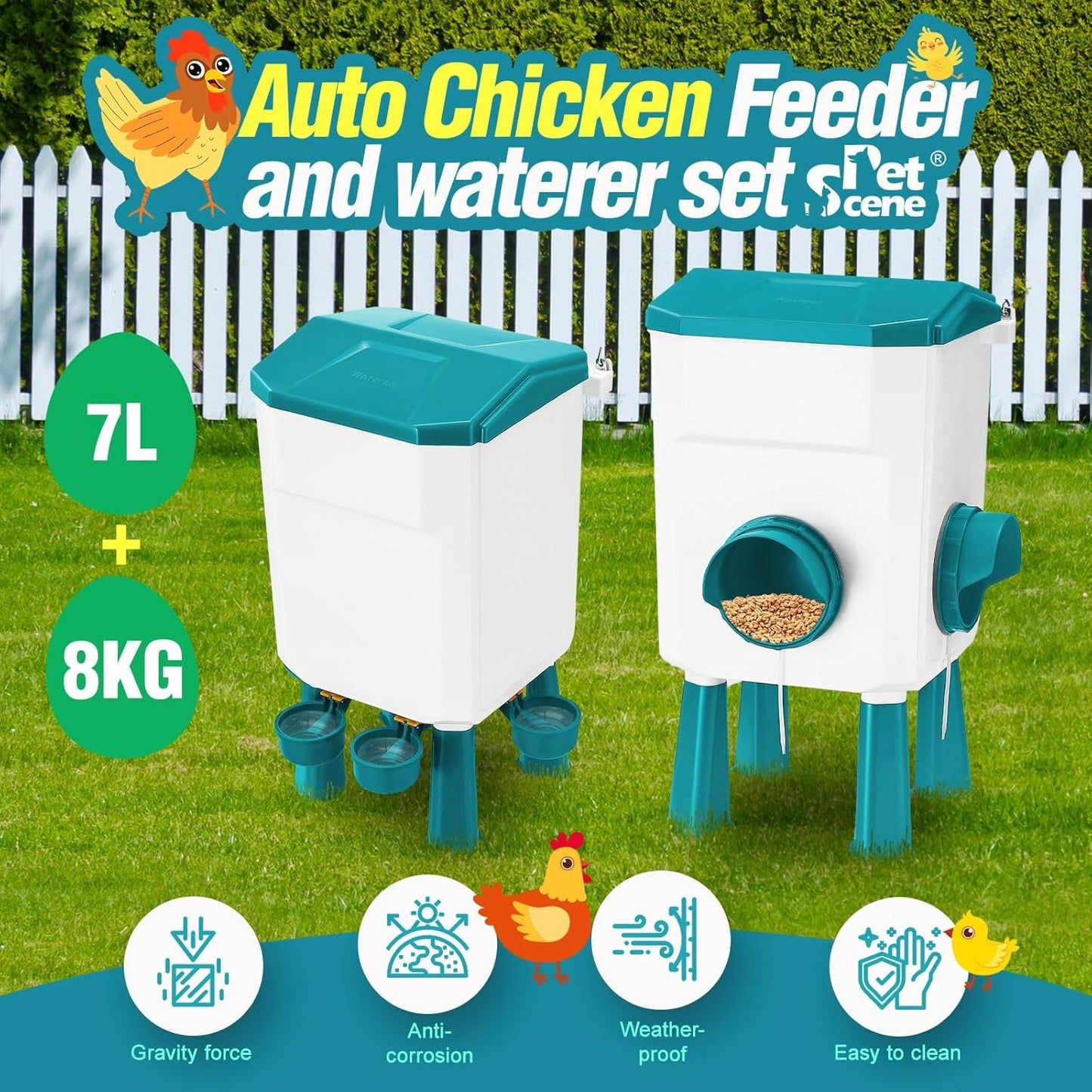 Automatic Chicken Feeder & Waterer Set - 8KG Food & 7L Water Blue