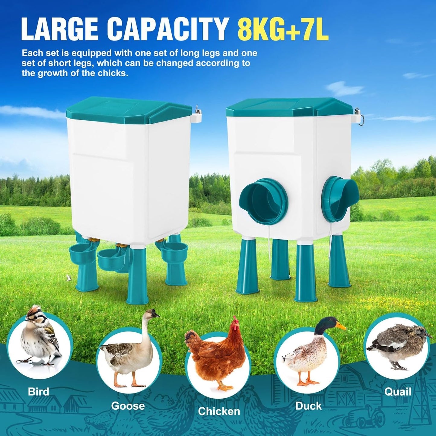 Automatic Chicken Feeder & Waterer Set - 8KG Food & 7L Water Blue