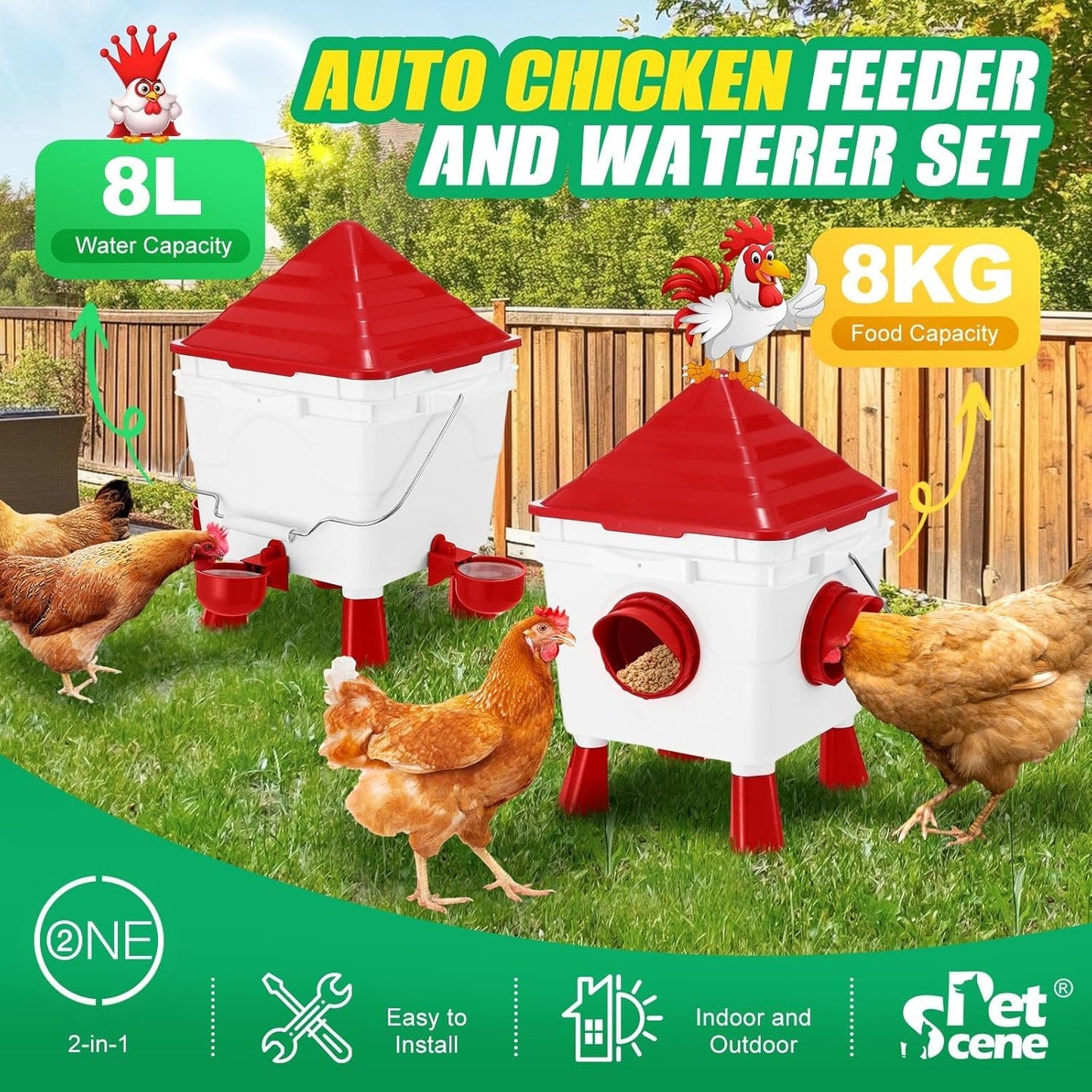 Chicken Feeder & Waterer Set - 8KG Food & 8L Water 4 Ports Gravity Dispenser