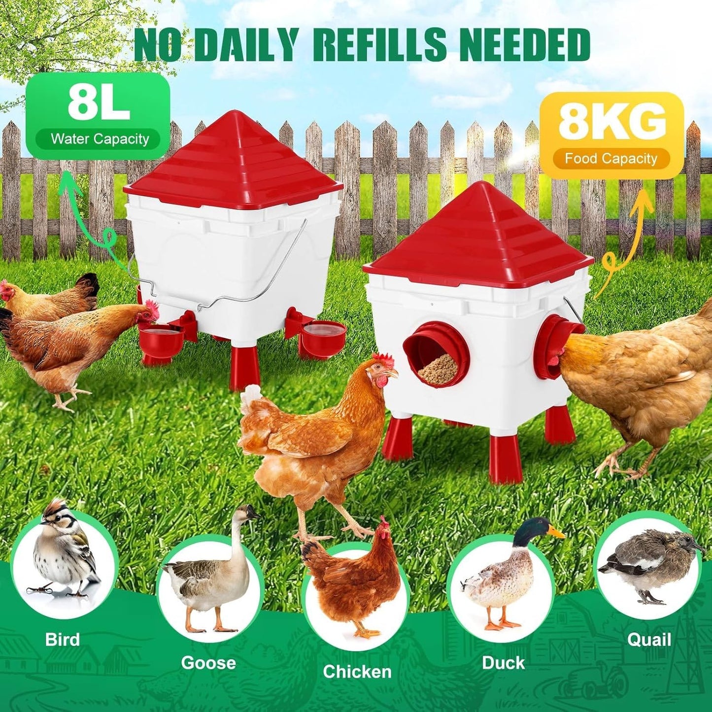 Chicken Feeder & Waterer Set - 8KG Food & 8L Water 4 Ports Gravity Dispenser