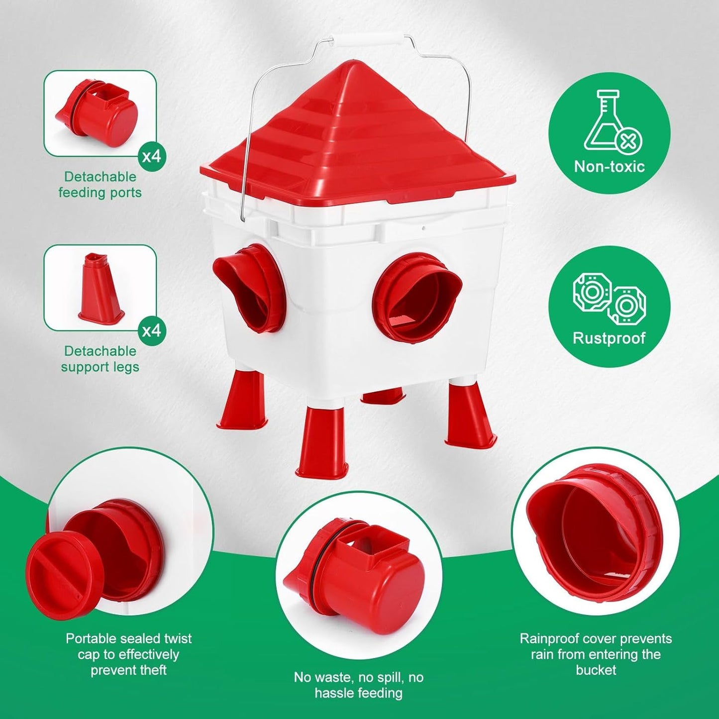 Chicken Feeder & Waterer Set - 8KG Food & 8L Water 4 Ports Gravity Dispenser
