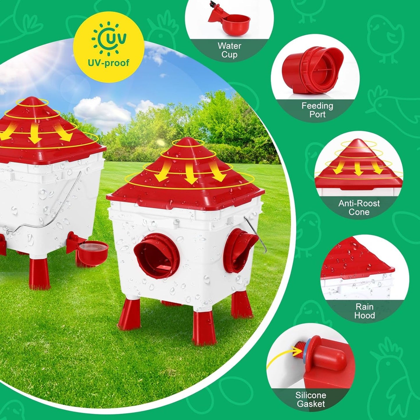 Chicken Feeder & Waterer Set - 8KG Food & 8L Water 4 Ports Gravity Dispenser