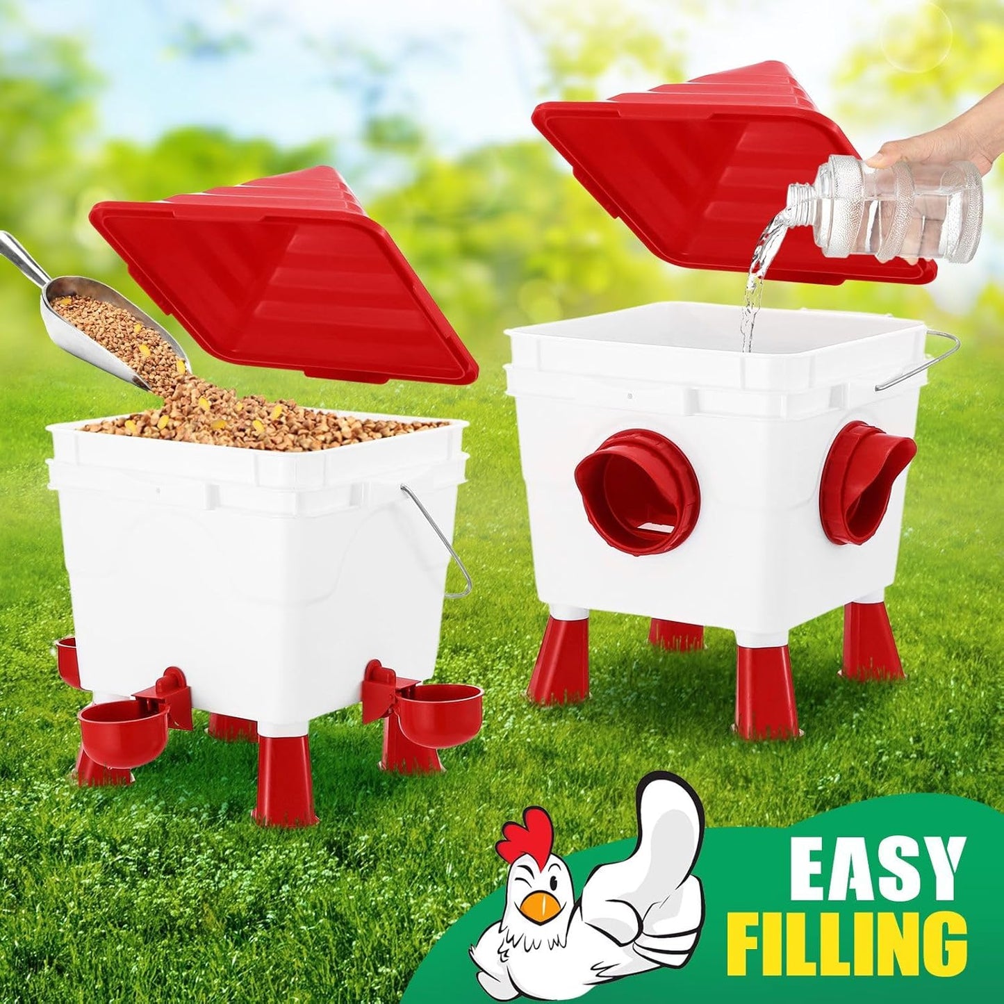 Chicken Feeder & Waterer Set - 8KG Food & 8L Water 4 Ports Gravity Dispenser