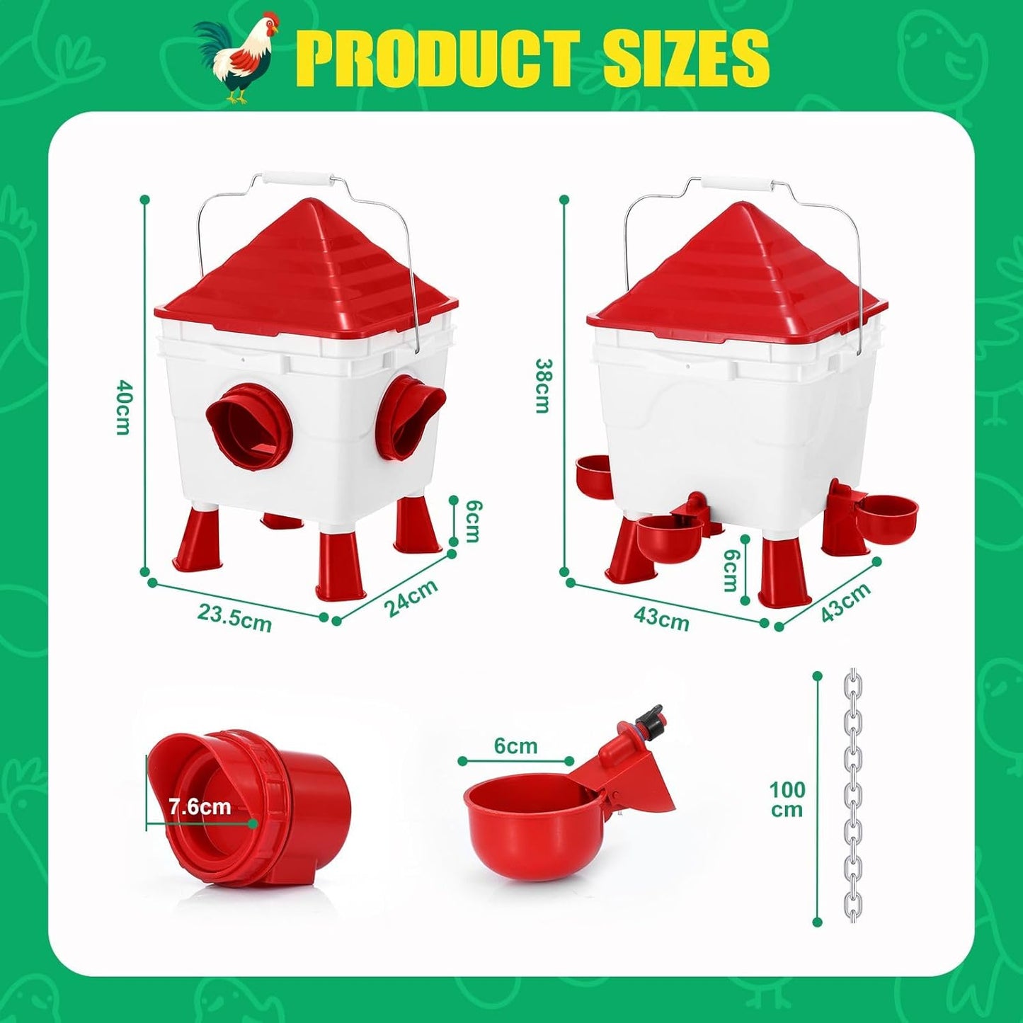 Chicken Feeder & Waterer Set - 8KG Food & 8L Water 4 Ports Gravity Dispenser