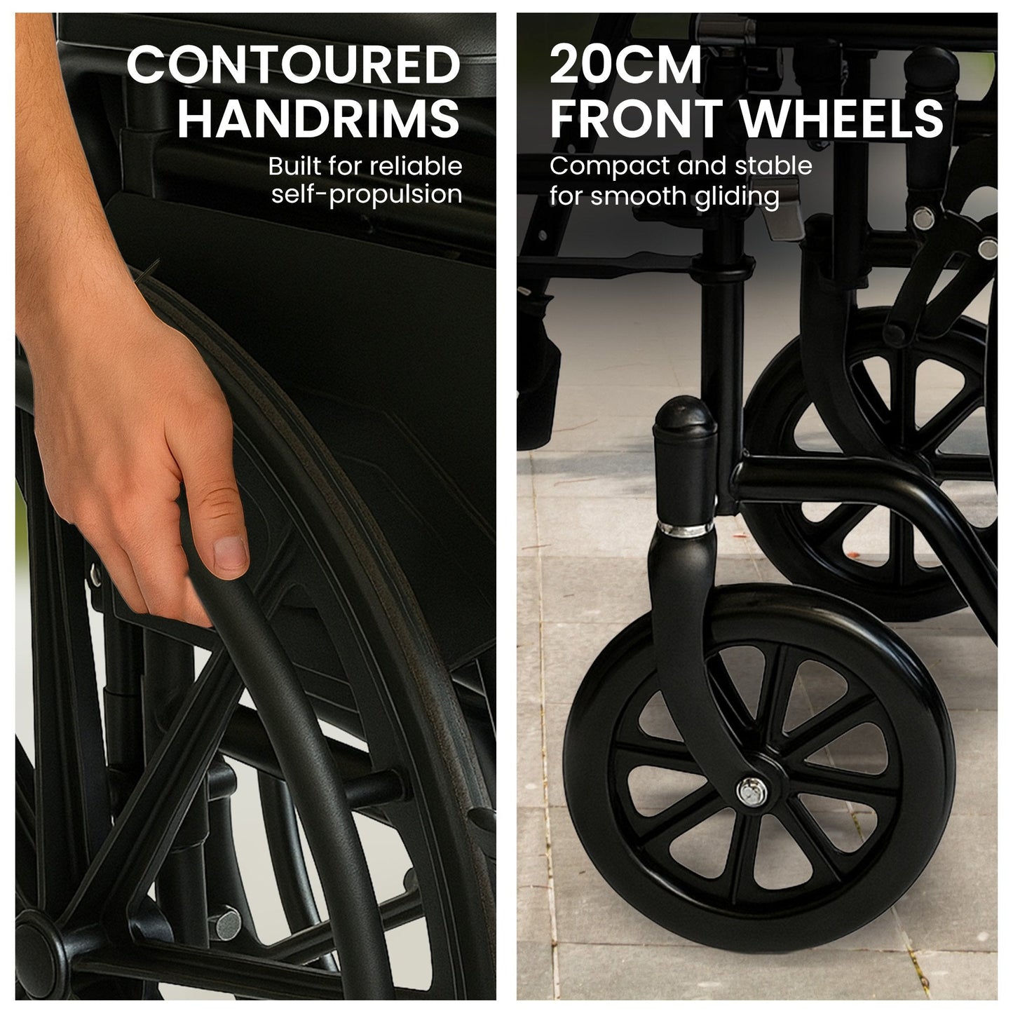 Lightweight Foldable Wheelchair with Steel Frame and Adjustable Footrests