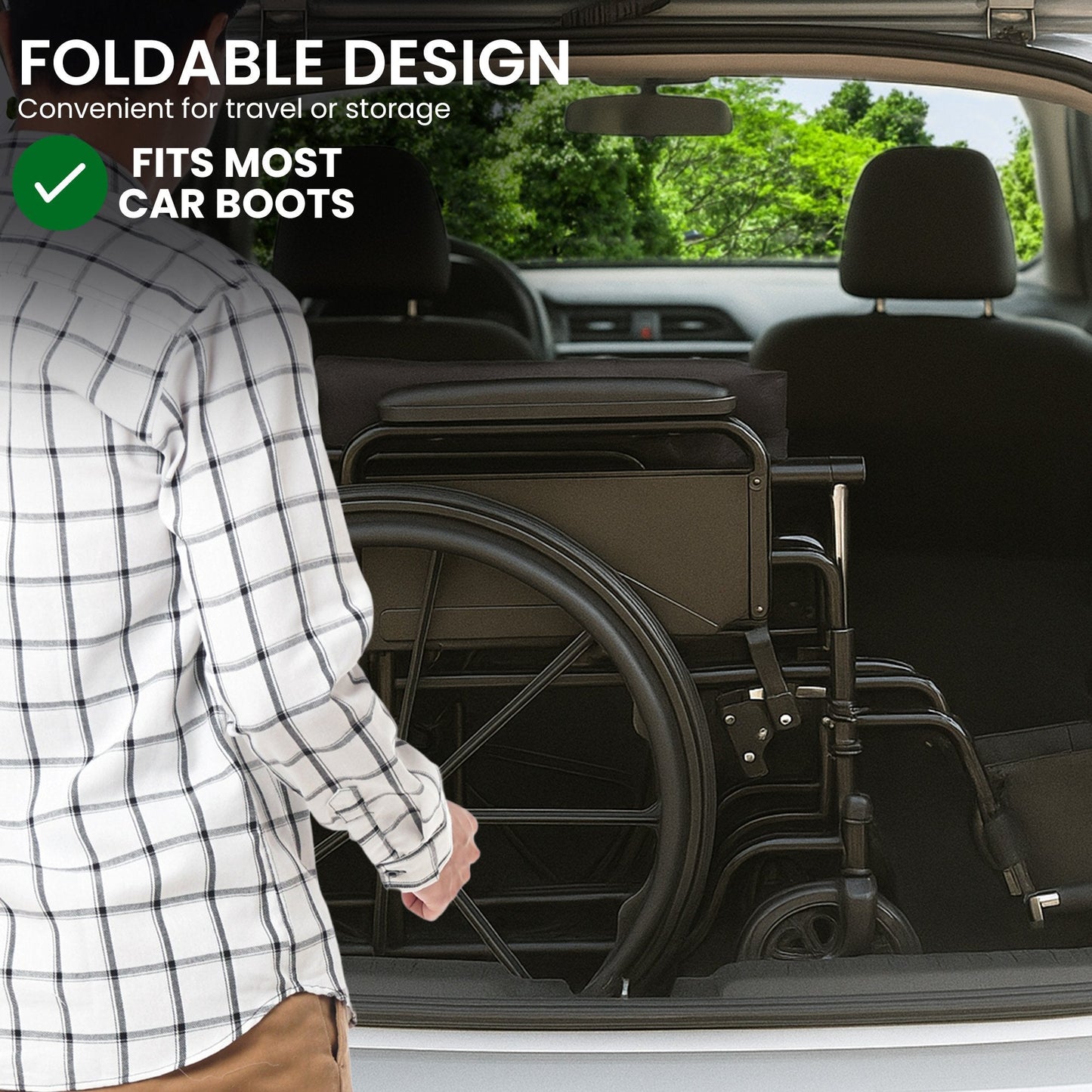 Lightweight Foldable Wheelchair with Steel Frame and Adjustable Footrests