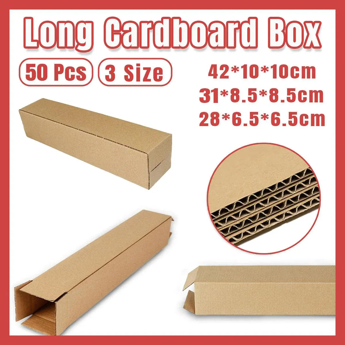 Shipping Boxes 50-Pack - Long Strip Cartons for Storage 6.5x6.5x28cm