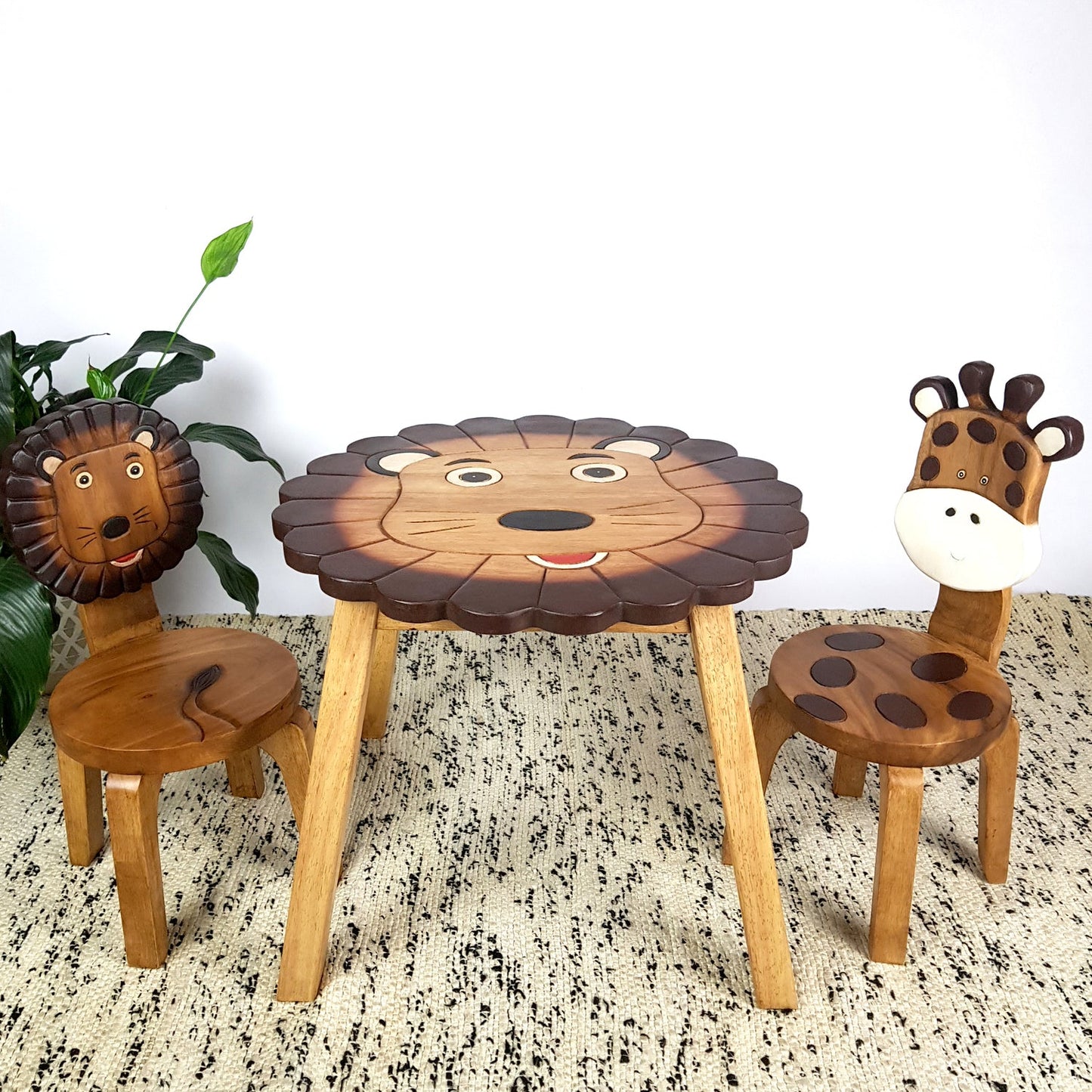 Lion Kids Table Set with 2 Chairs – Handmade Solid Hardwood