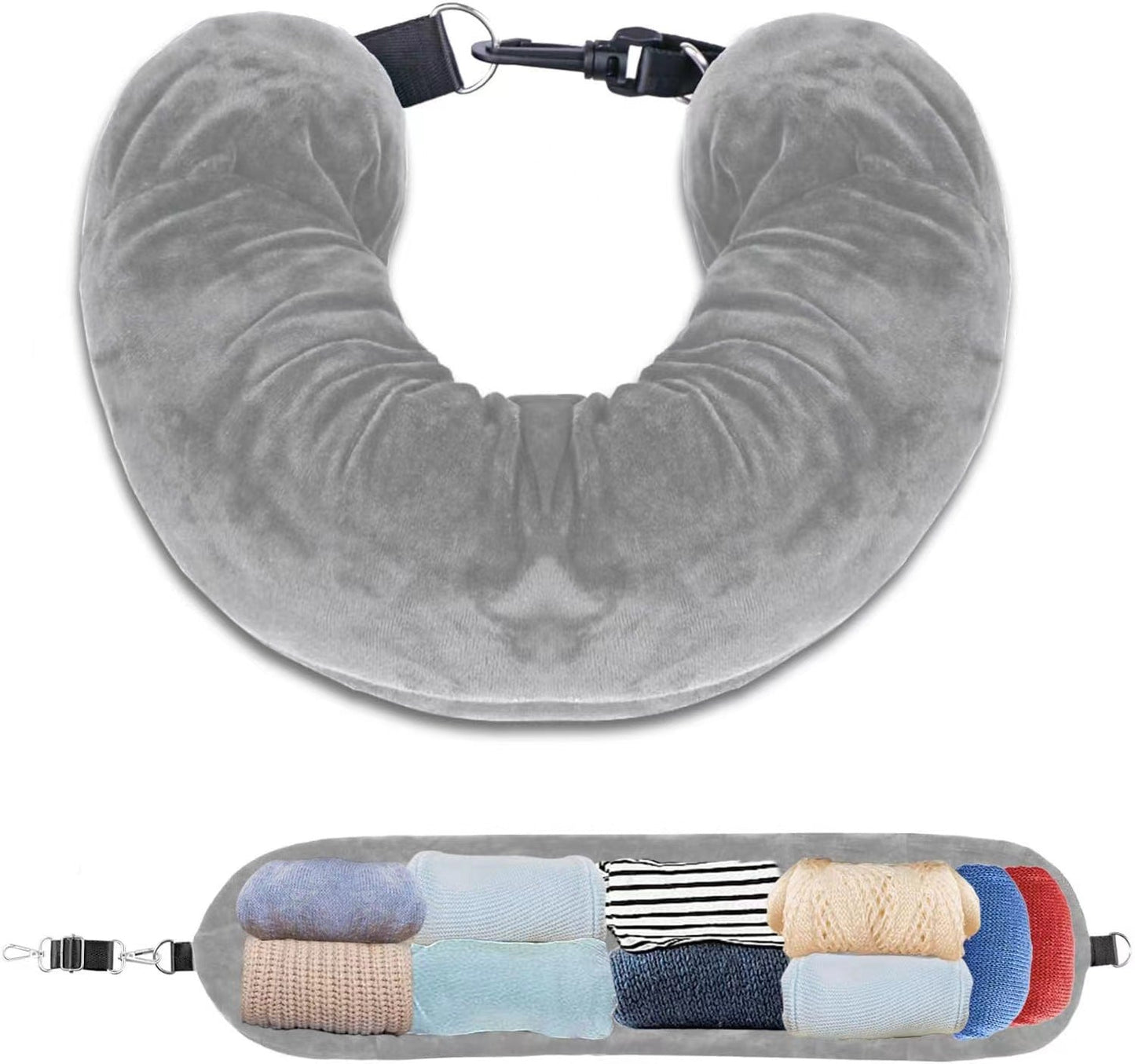 Grey Suede Refillable Travel Neck Pillow with Storage Bag - Lightweight