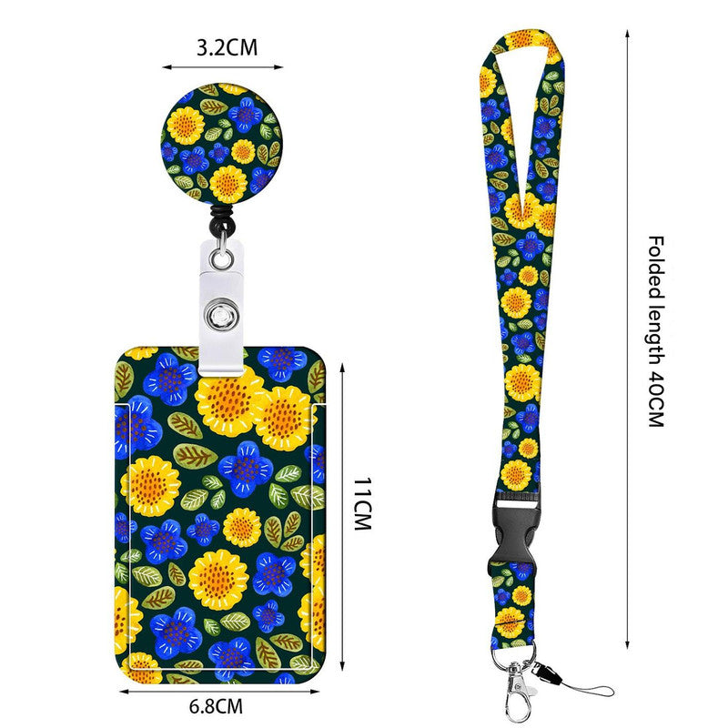 2-pcs Retractable ID Badge Reel Lanyard Set with Vertical Hard Plastic Card Holder - Green sunflowers (Style 2)