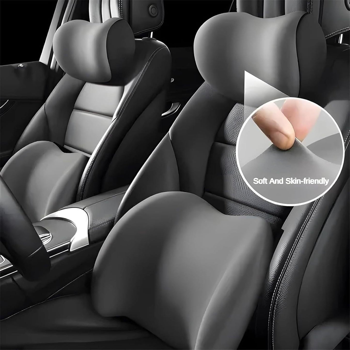 Grey Memory Foam Car Headrest & Lumbar Support Cushion Set
