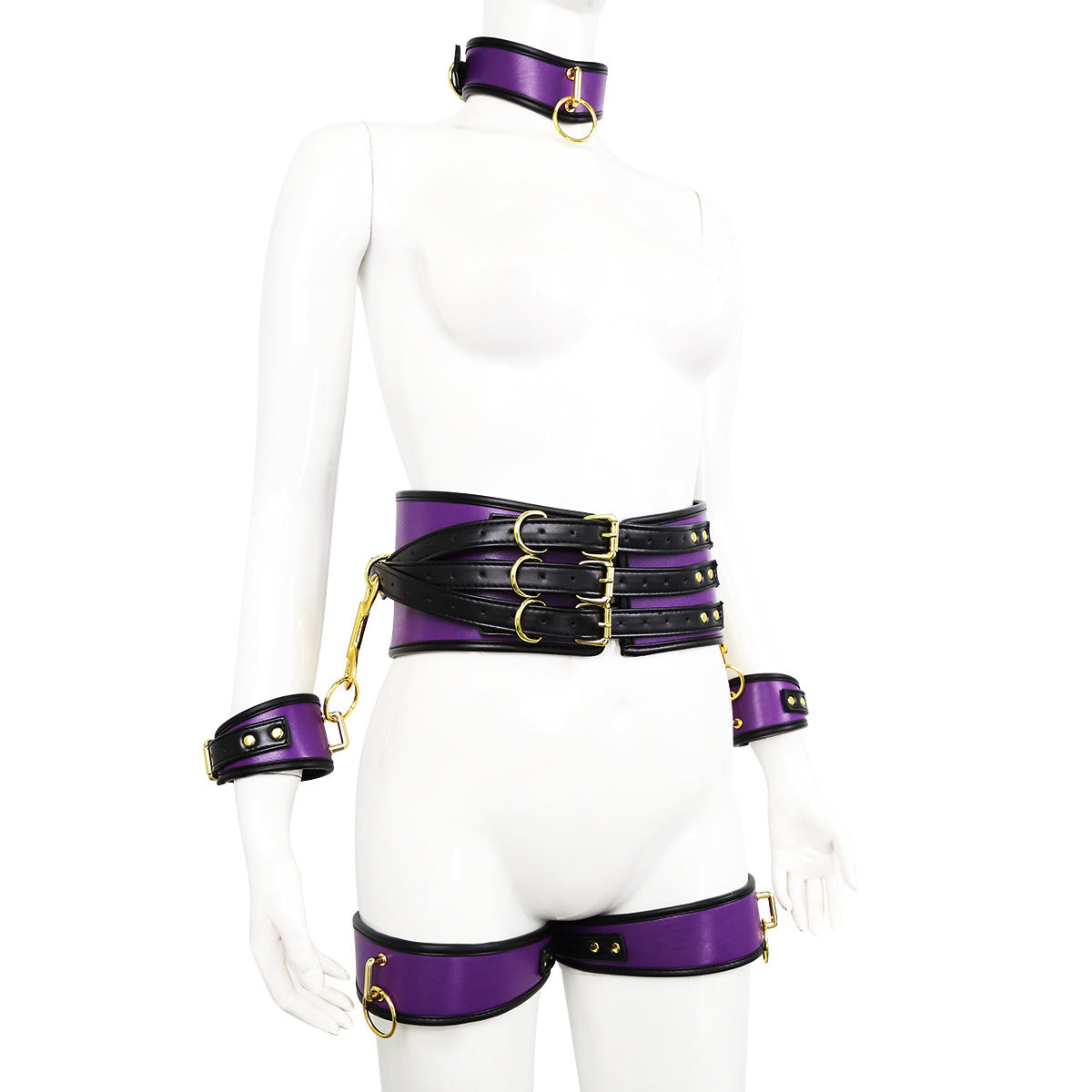 PU Leather Bondage Restraint Set - Collar Waist Belt Cuffs & Connectors (Purple)