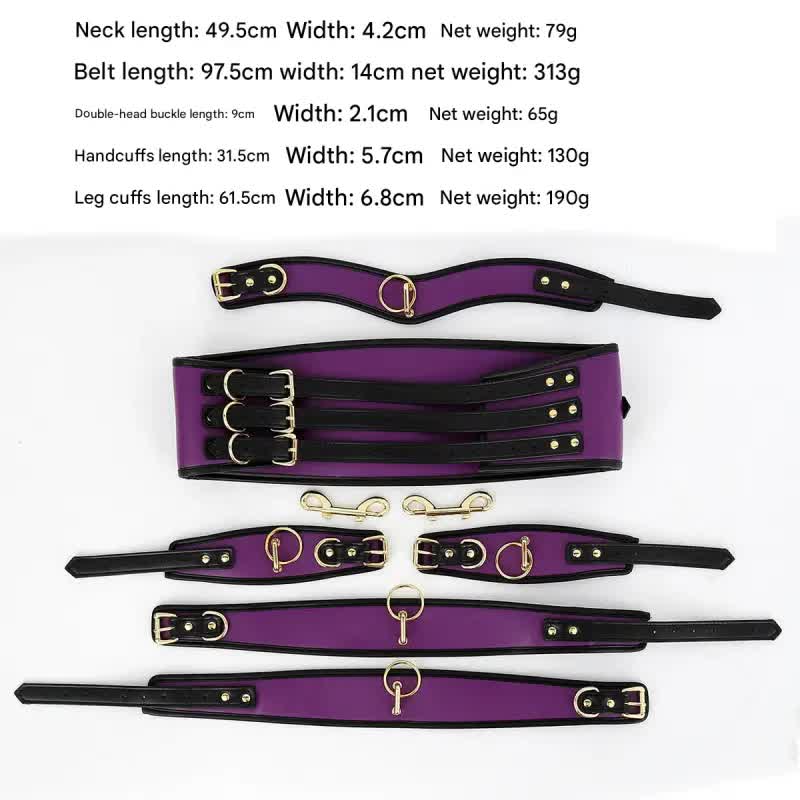 PU Leather Bondage Restraint Set - Collar Waist Belt Cuffs & Connectors (Purple)