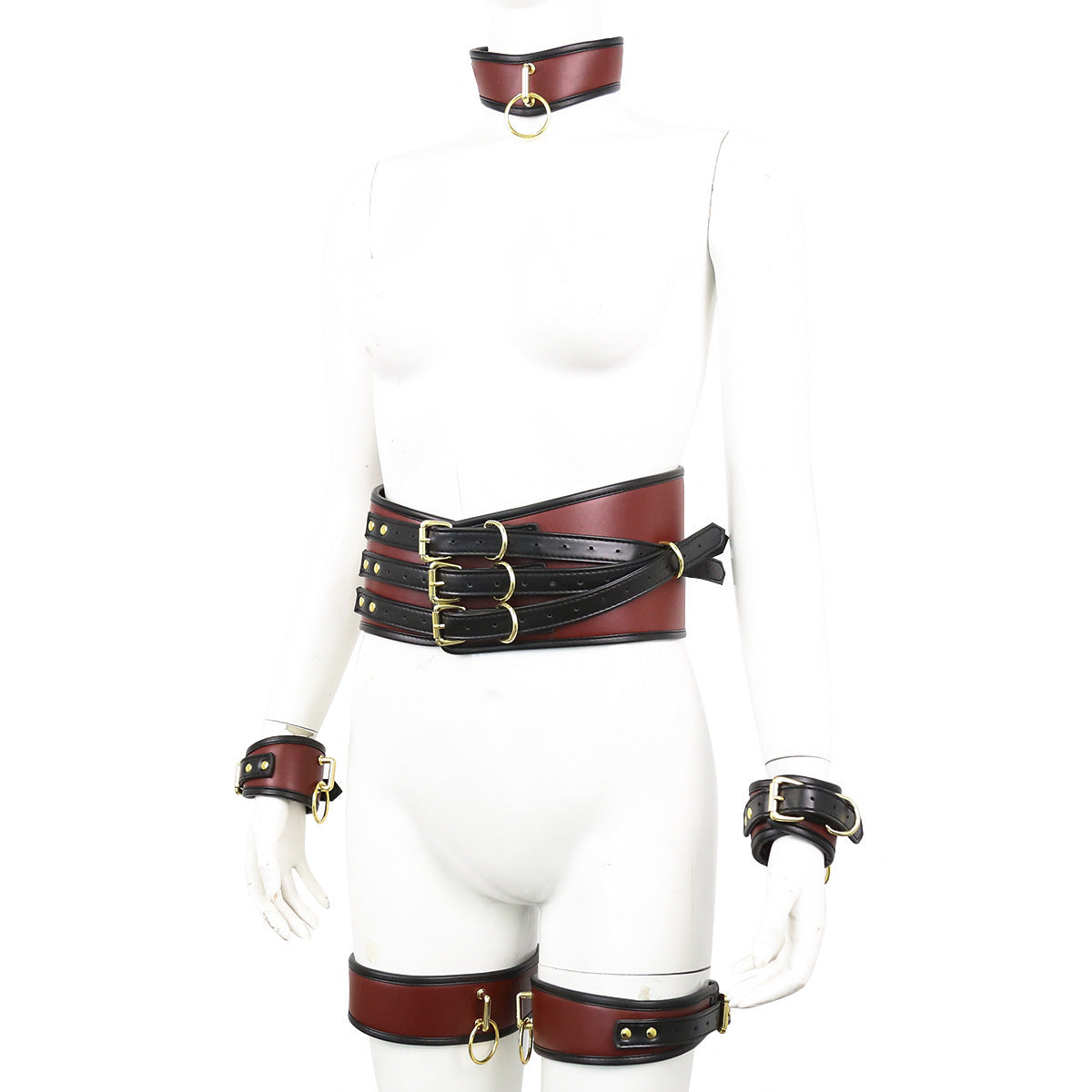 PU Leather Bondage Restraint Set - Collar Waist Belt Cuffs & Connectors (Red)