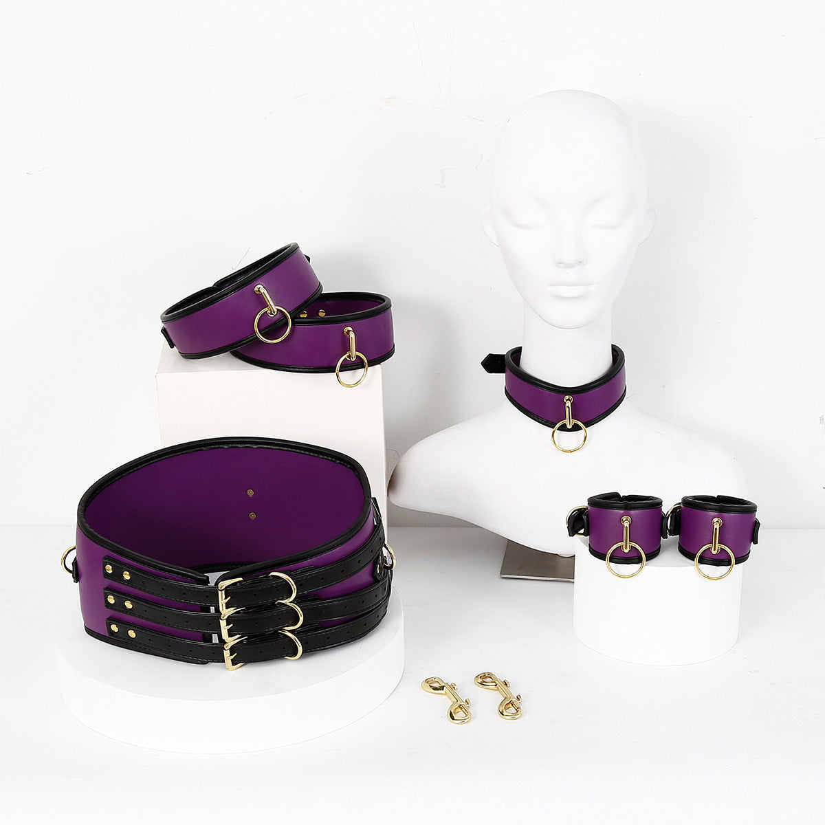 PU Leather Bondage Restraint Set - Collar Waist Belt Cuffs & Connectors (Red)