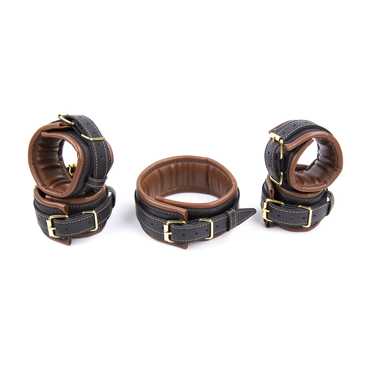 PU Leather Padded Collar Handcuffs & Ankle Cuffs Set with Leash (Brown)