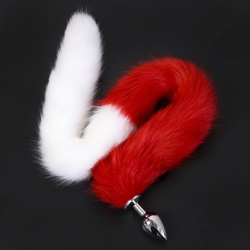 Faux Fur Tail with Metal Anal Plug - Cosplay Novelty Accessory (White/Red Large)