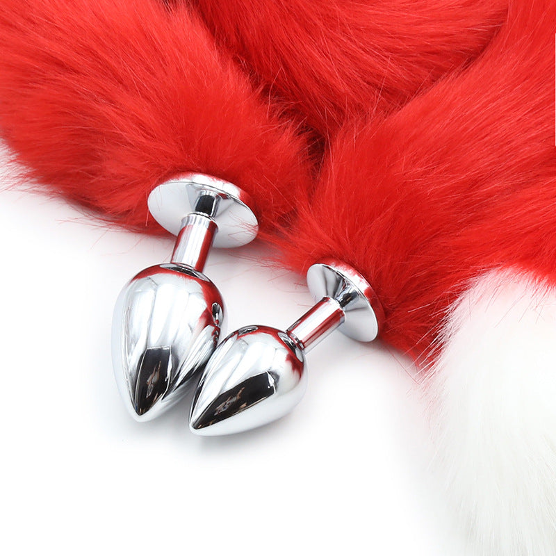 Faux Fur Tail with Metal Anal Plug - Cosplay Novelty Accessory (White/Red Large)