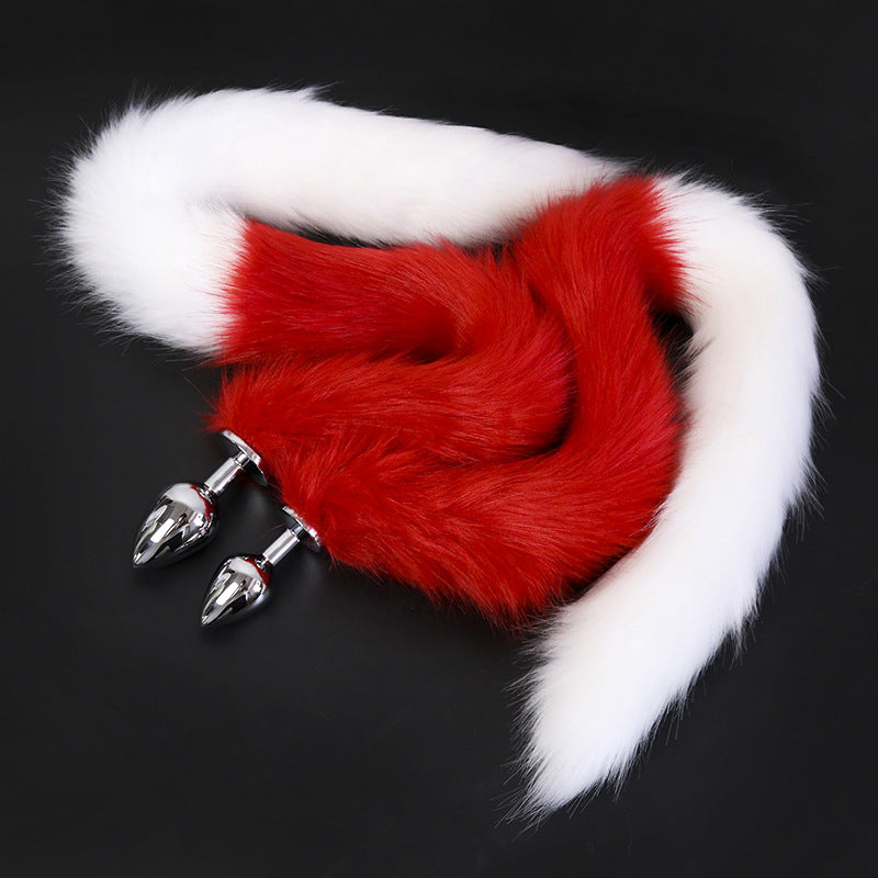 Faux Fur Tail with Metal Anal Plug - Cosplay Novelty Accessory (White/Red Large)