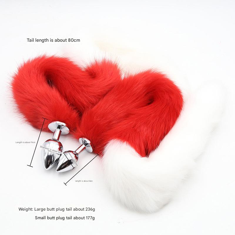 Faux Fur Tail with Metal Anal Plug - Cosplay Novelty Accessory (White/Red Large)