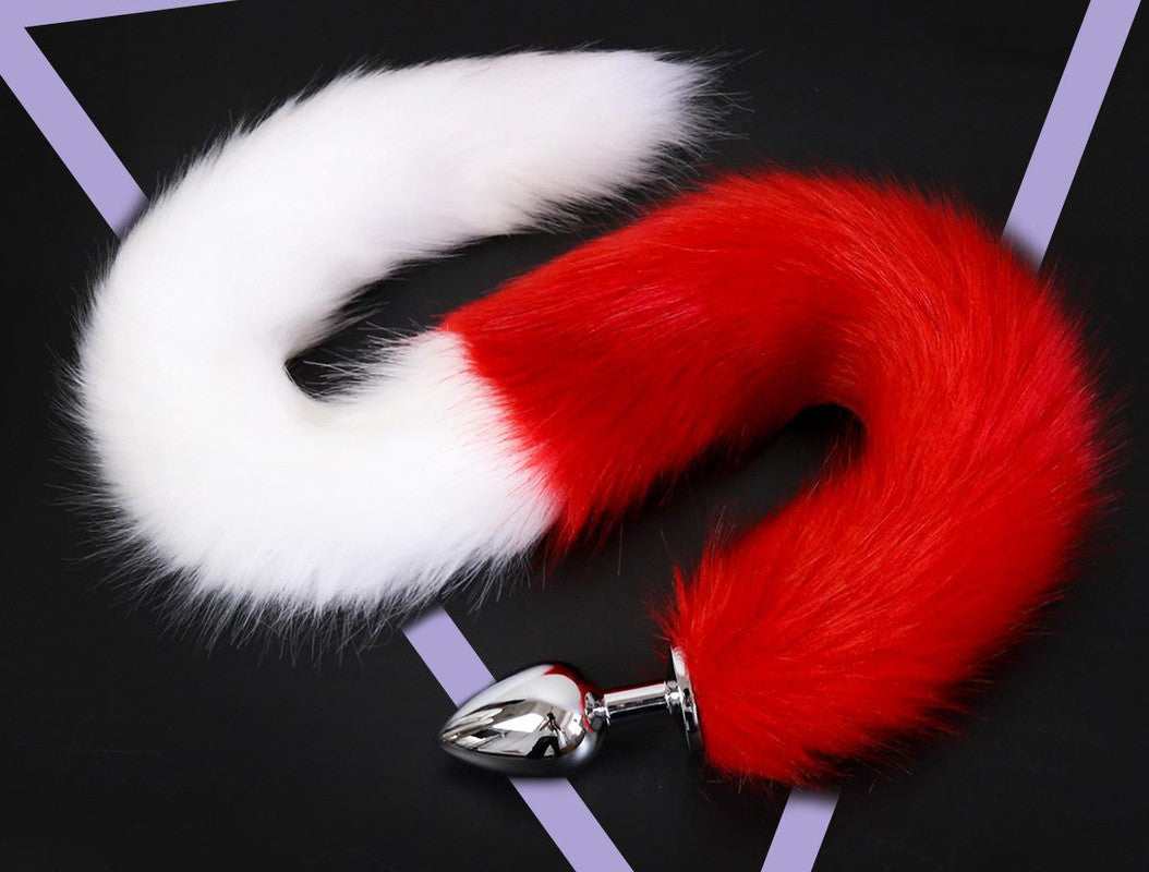 Faux Fur Tail with Metal Anal Plug - Cosplay Novelty Accessory (White/Red Small)