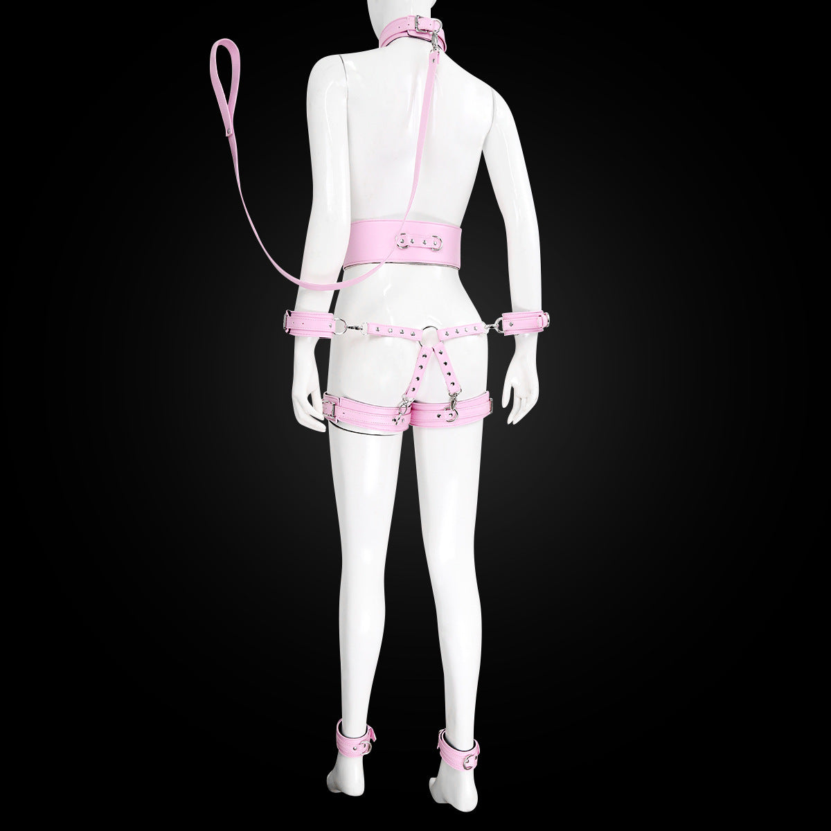 PU Leather Bondage Restraint Set - Collar Leash Cuffs & Harness (Pink)