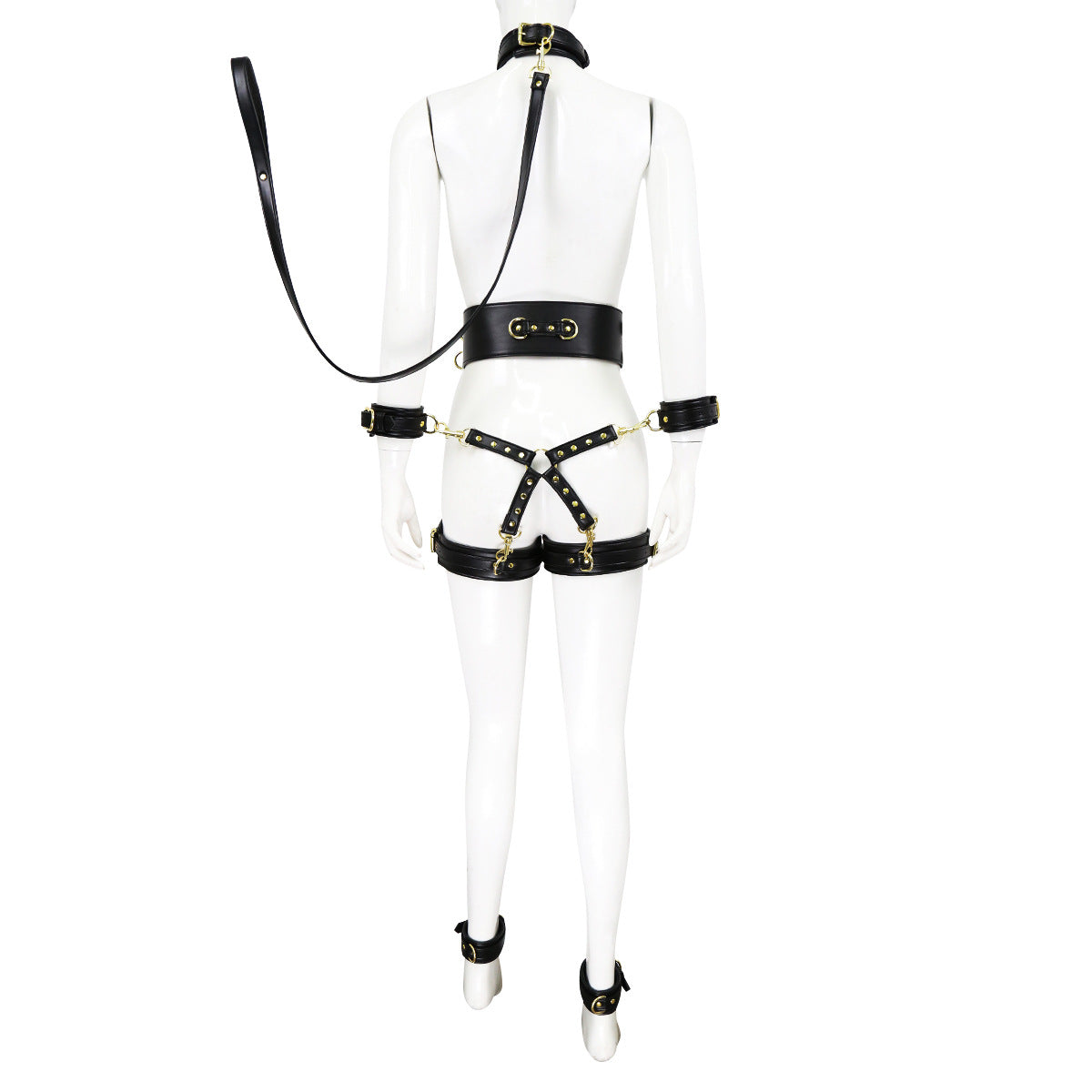 PU Leather Bondage Restraint Set - Collar Leash Cuffs & Harness (Black)